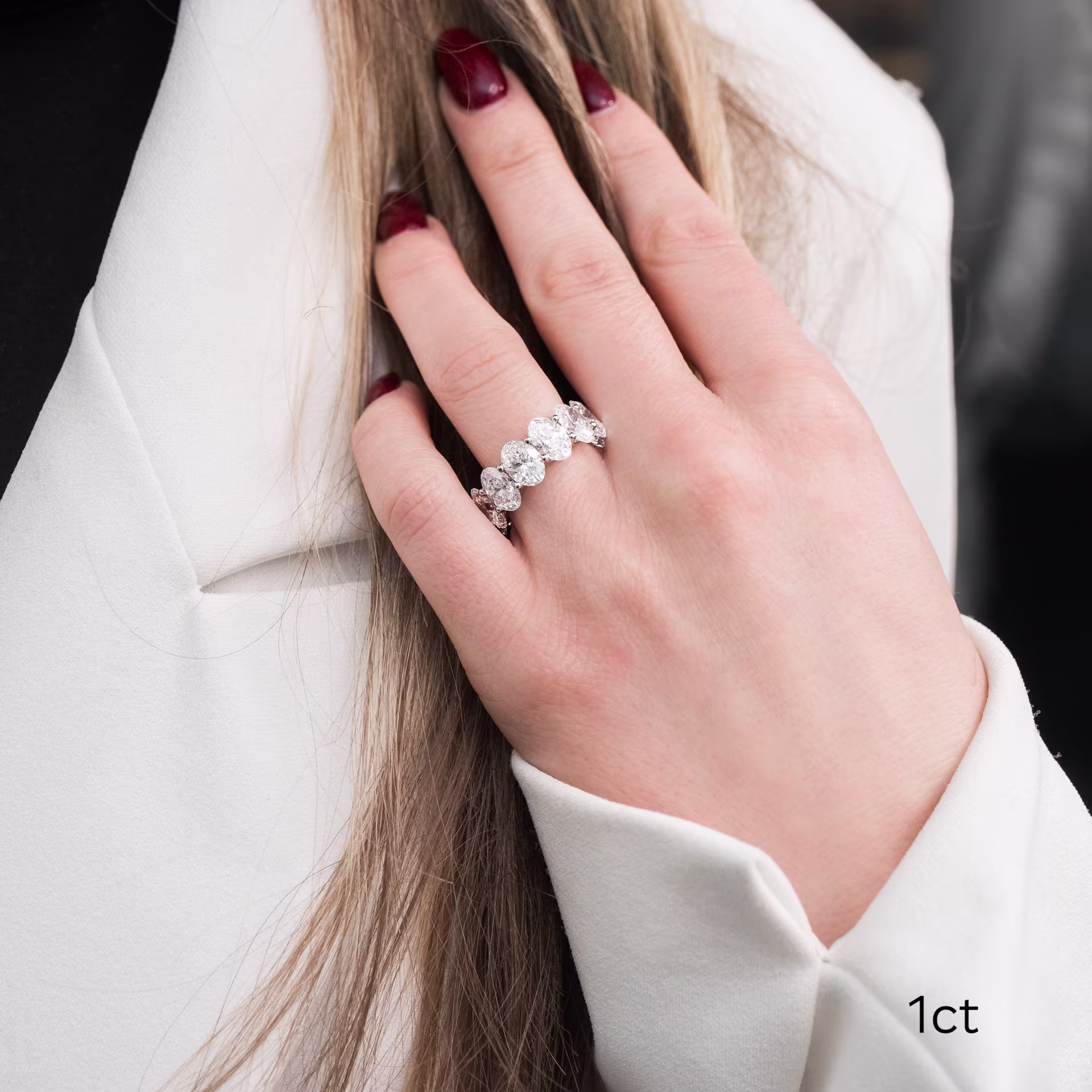 platinum 13 carat total oval eternity band with 1ct each lab diamonds ada diamonds design ad 193 on model