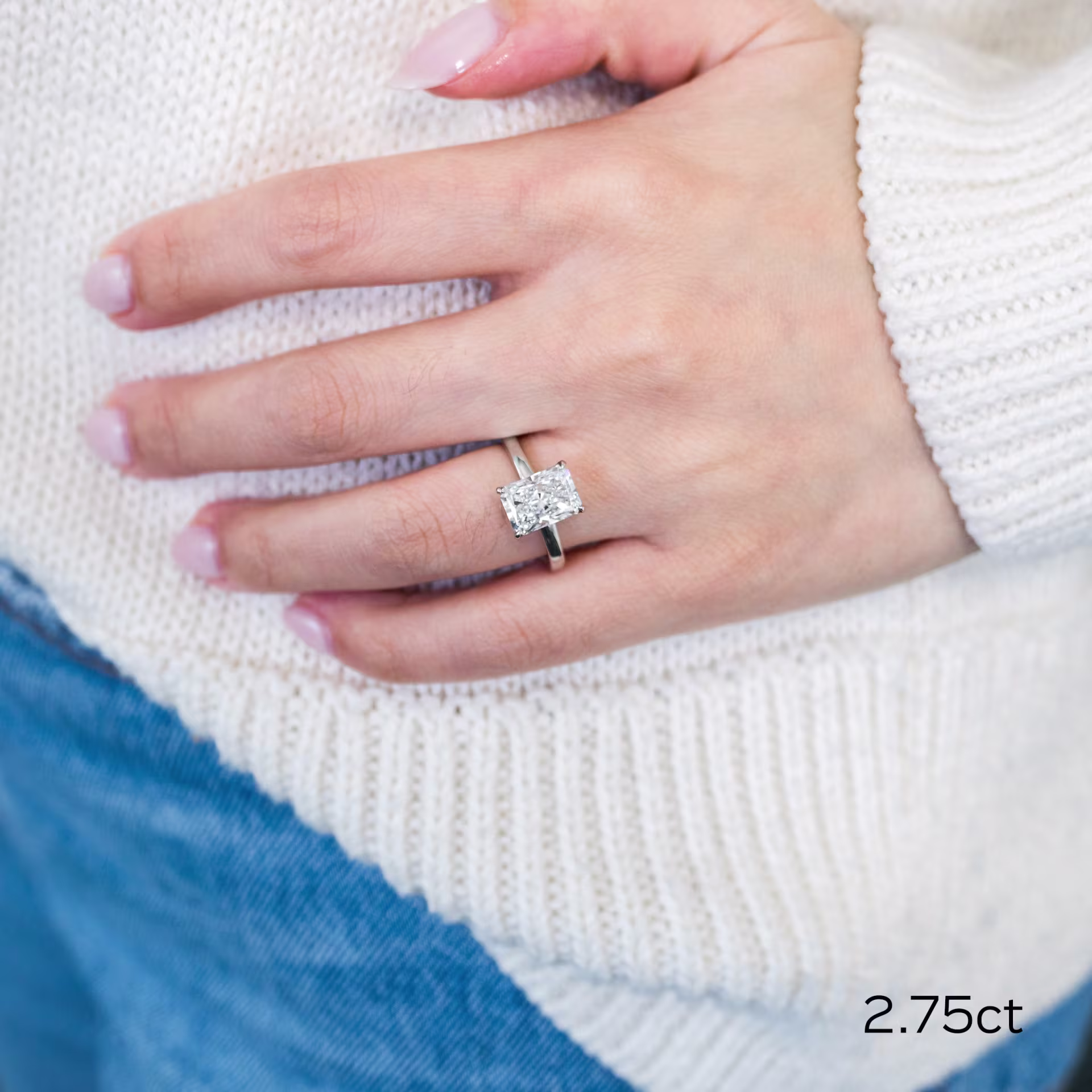 custom platinum floral solitaire engagement ring with 2.75 carat radiant lab diamond ada diamonds design ad 368 on model