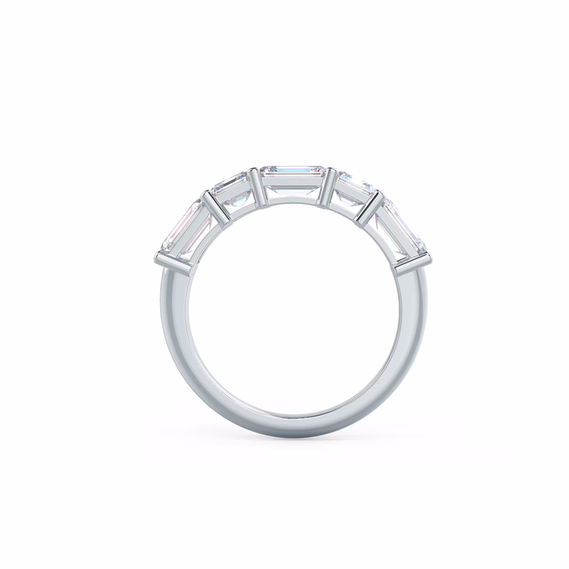 18k White Gold Emerald and Asscher East-West Five Stone featuring High Quality 2.6 ct Diamonds (Profile View)