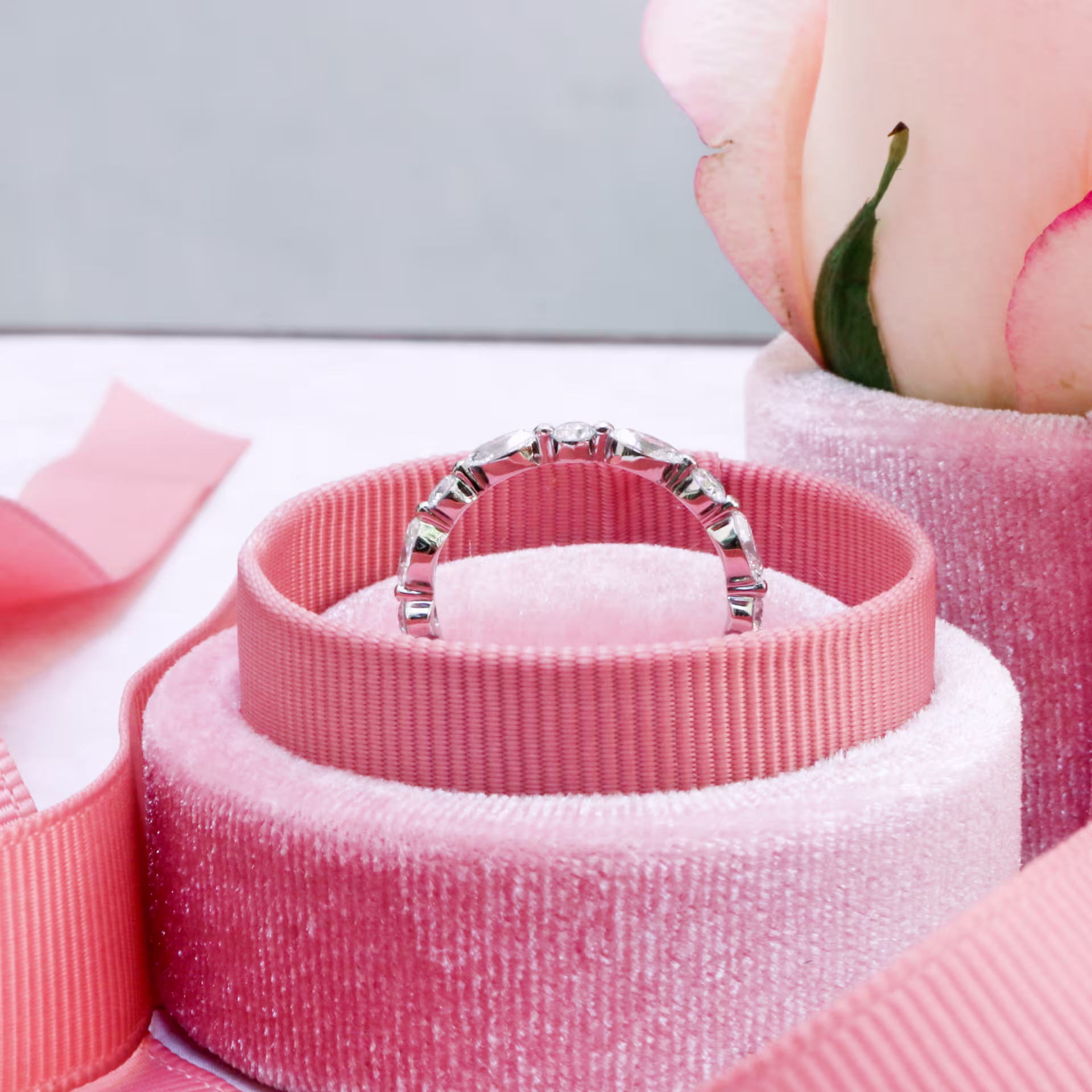 Platinum Marquise and Round East-West Three Quarter Band featuring 0.9 ct Diamonds (Profile View)