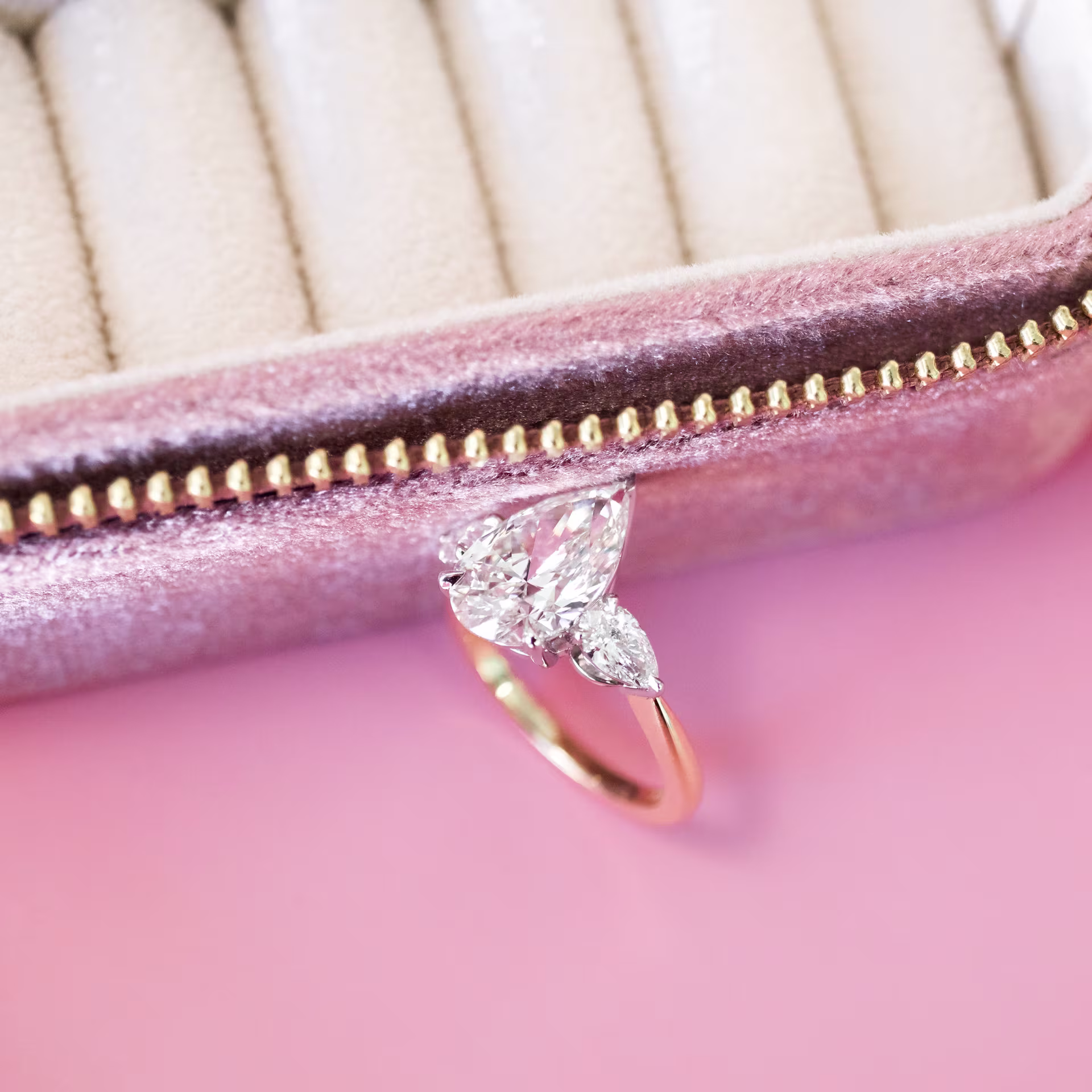 3.5 ct Synthetic Diamonds set in Pear Three Stone Diamond Engagement Ring (Side View)