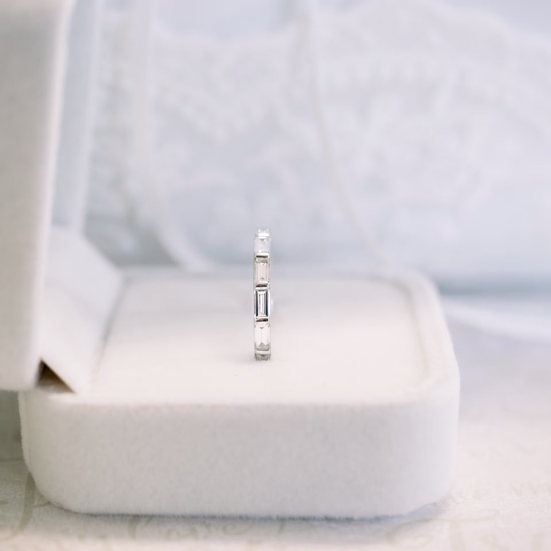 High Quality 1.5 ct Diamonds set in 18k White Gold Baguette East-West Eternity Band (Side View)