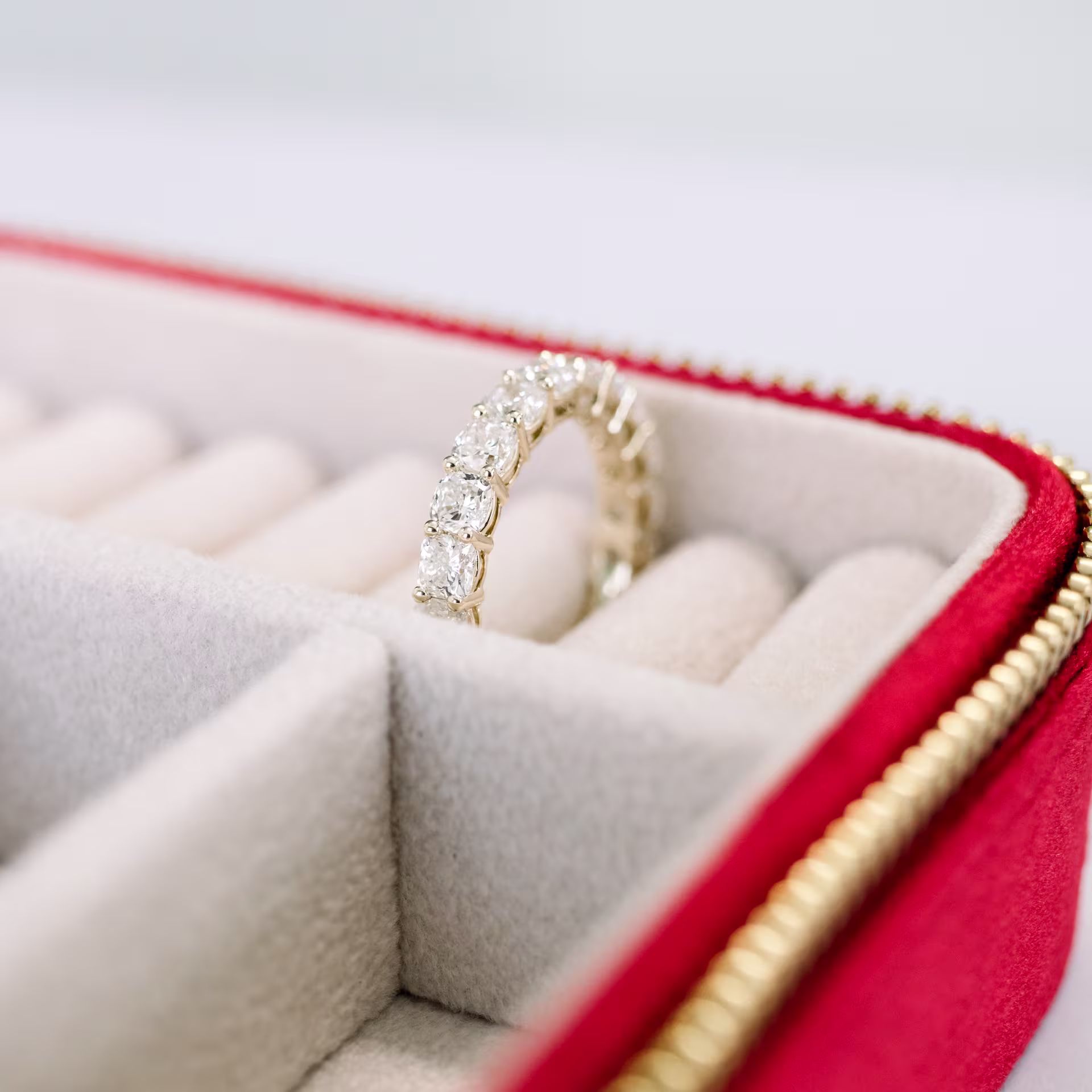 Exceptional Quality 3.5 ctw Man Made Diamonds set in 14kt Yellow Gold Cushion Three Quarter Band in 14k Yellow Gold 3.5ctw (Side View)