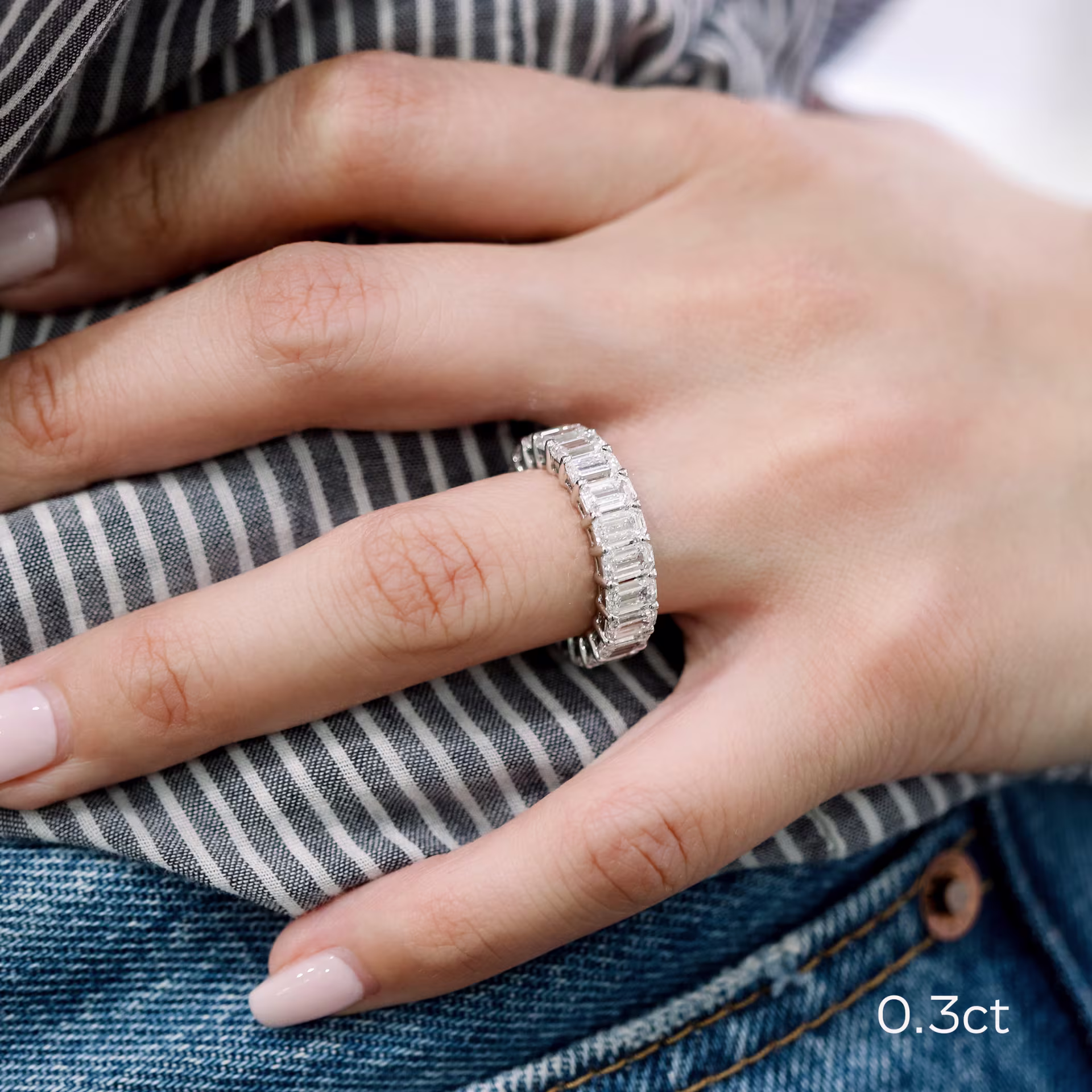 Platinum Emerald Three Quarter Band featuring High Quality 5.0 Carat Man Made Diamonds (Main View)