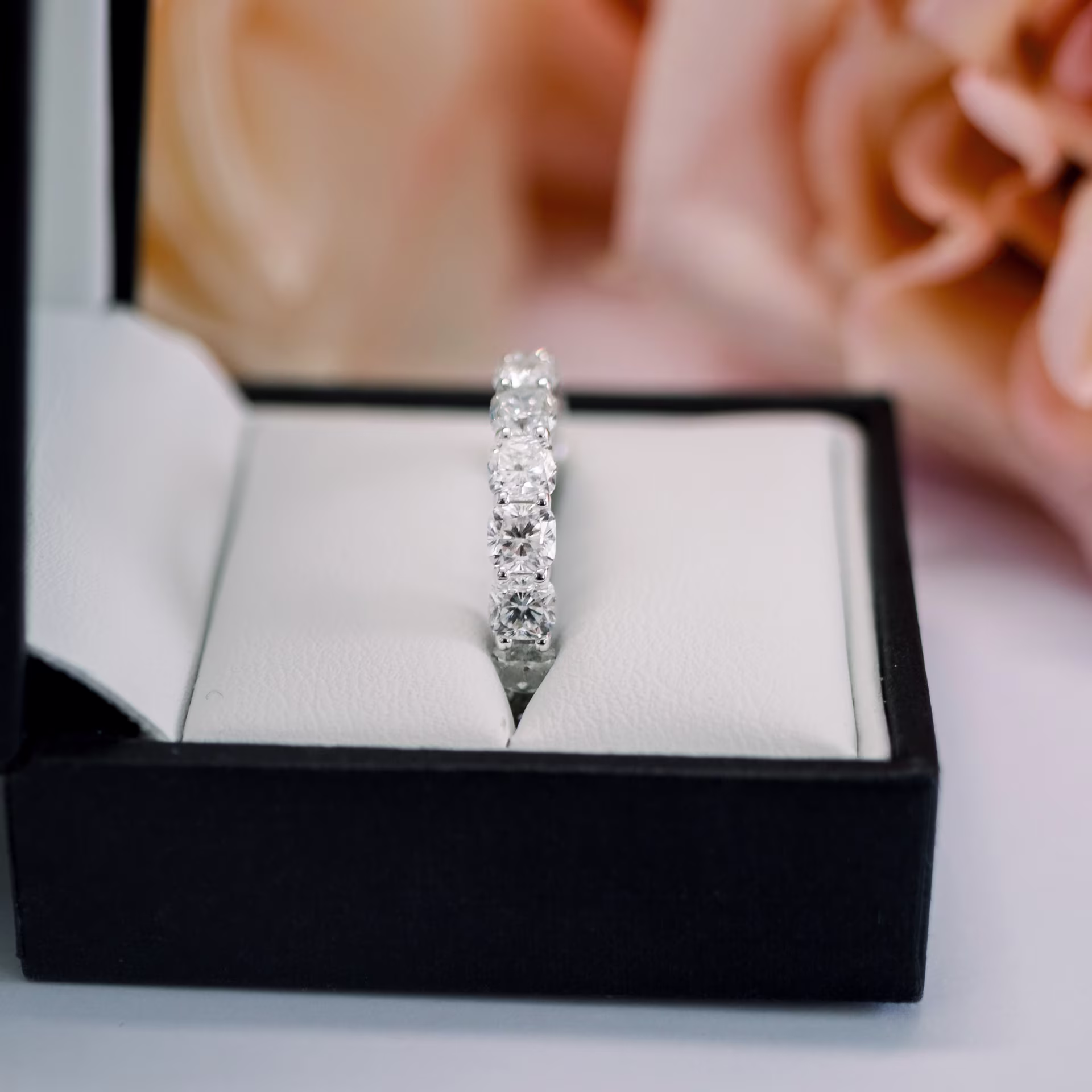 5.0 ct Diamonds set in White Gold Cushion Three Quarter Band in 18k White Gold 5ctw (Side View)
