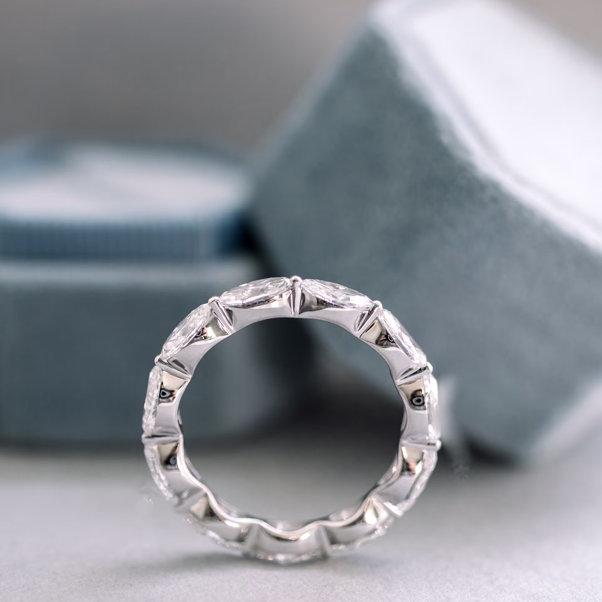 18k White Gold Marquise East-West Eternity Band featuring High Quality 2.2 Carat Lab Diamonds (Profile View)