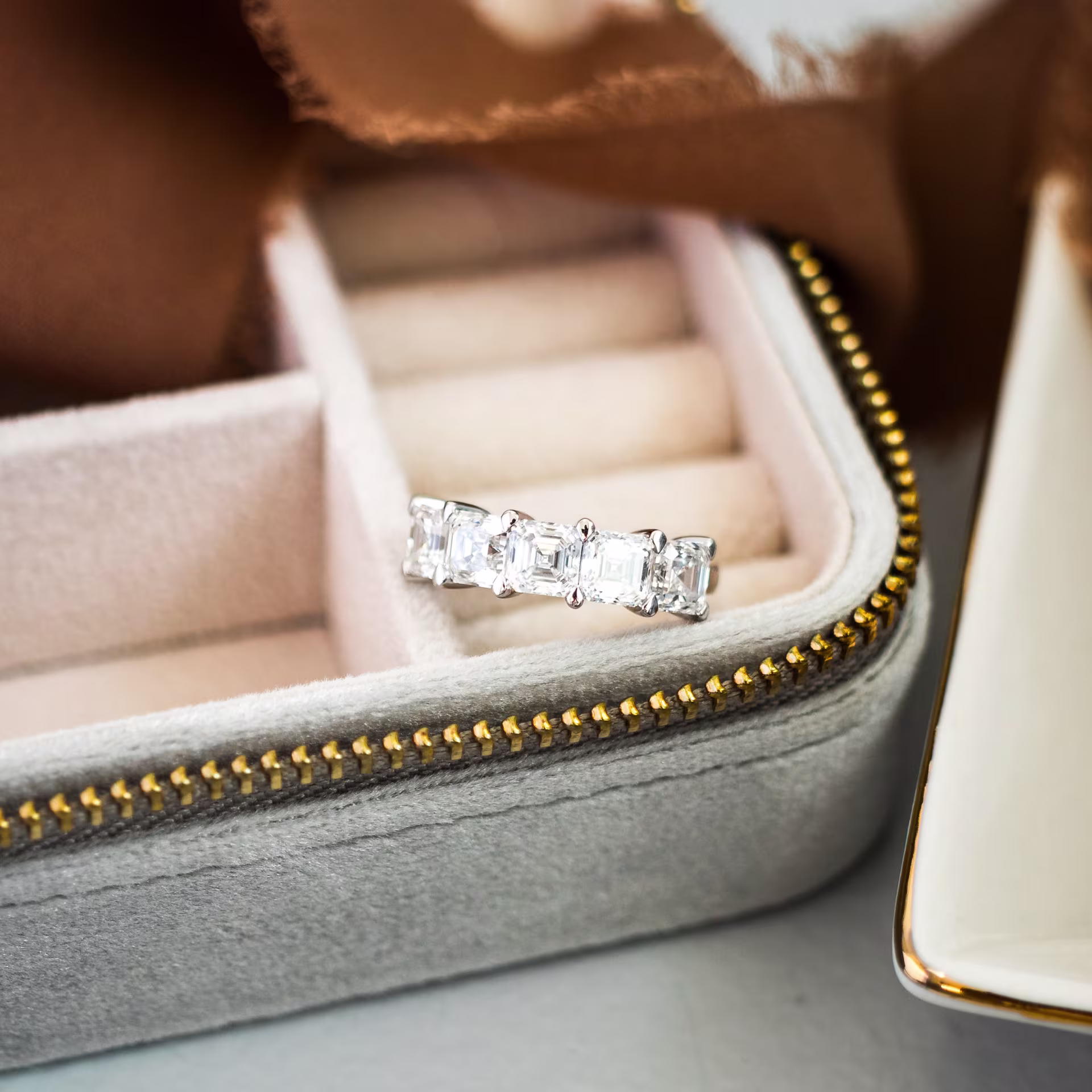 3.5 Carat Synthetic Diamonds set in 18k White Gold Asscher Five Stone (Main View)