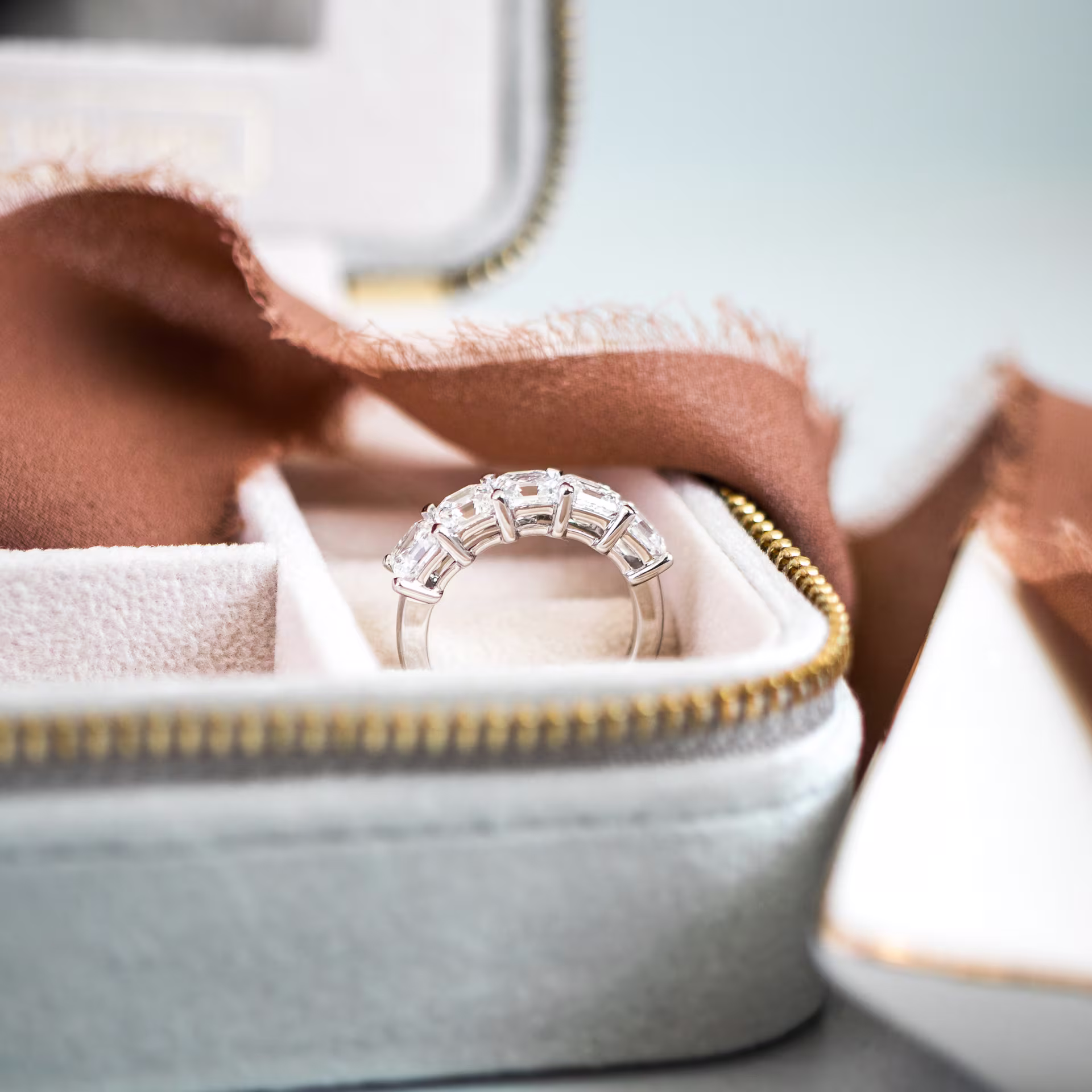 White Gold 3.5ctw Asscher Cut Five-Stone Band in 18k White Gold featuring 3.5 ctw Man Made Diamonds (Profile View)