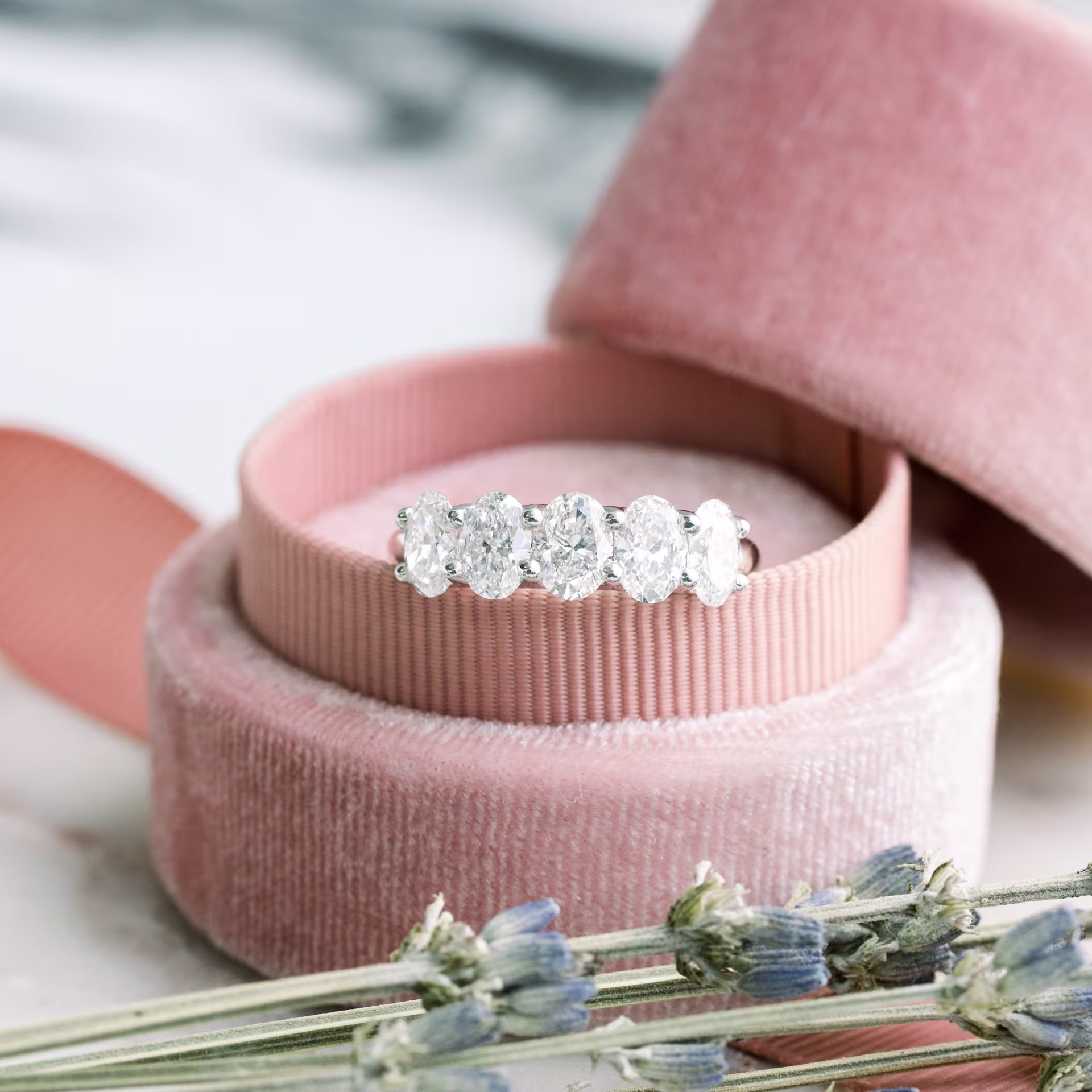 18 Karat White Gold Oval Basket Five Stone in 18k White Gold 2ctw featuring 2.0 Carat Lab Created Diamonds (Main View)