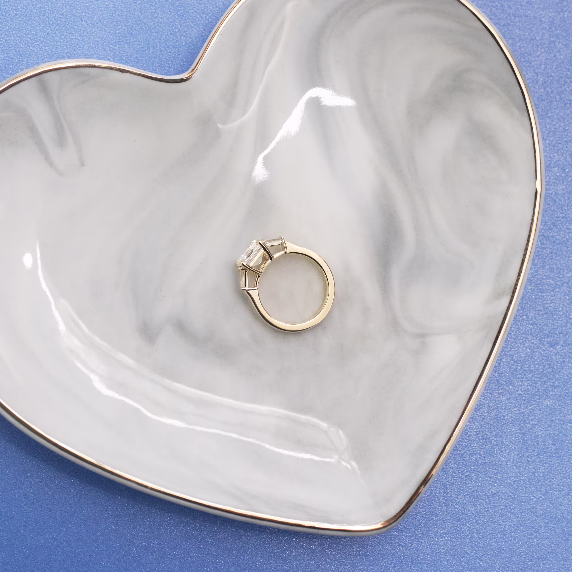 Yellow Gold Asscher and Baguette Diamond Engagement Ring featuring 2.0 Carat Lab Created Diamonds (Profile View)