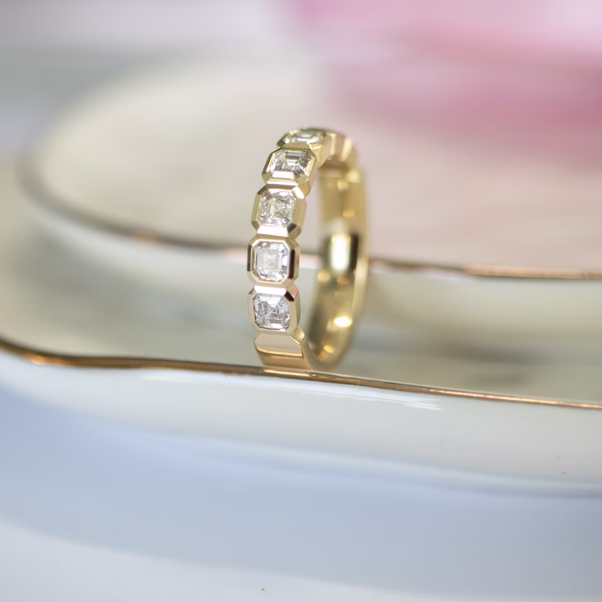 custom asscher cut lab- diamond mens wedding band in 14k yellow gold
