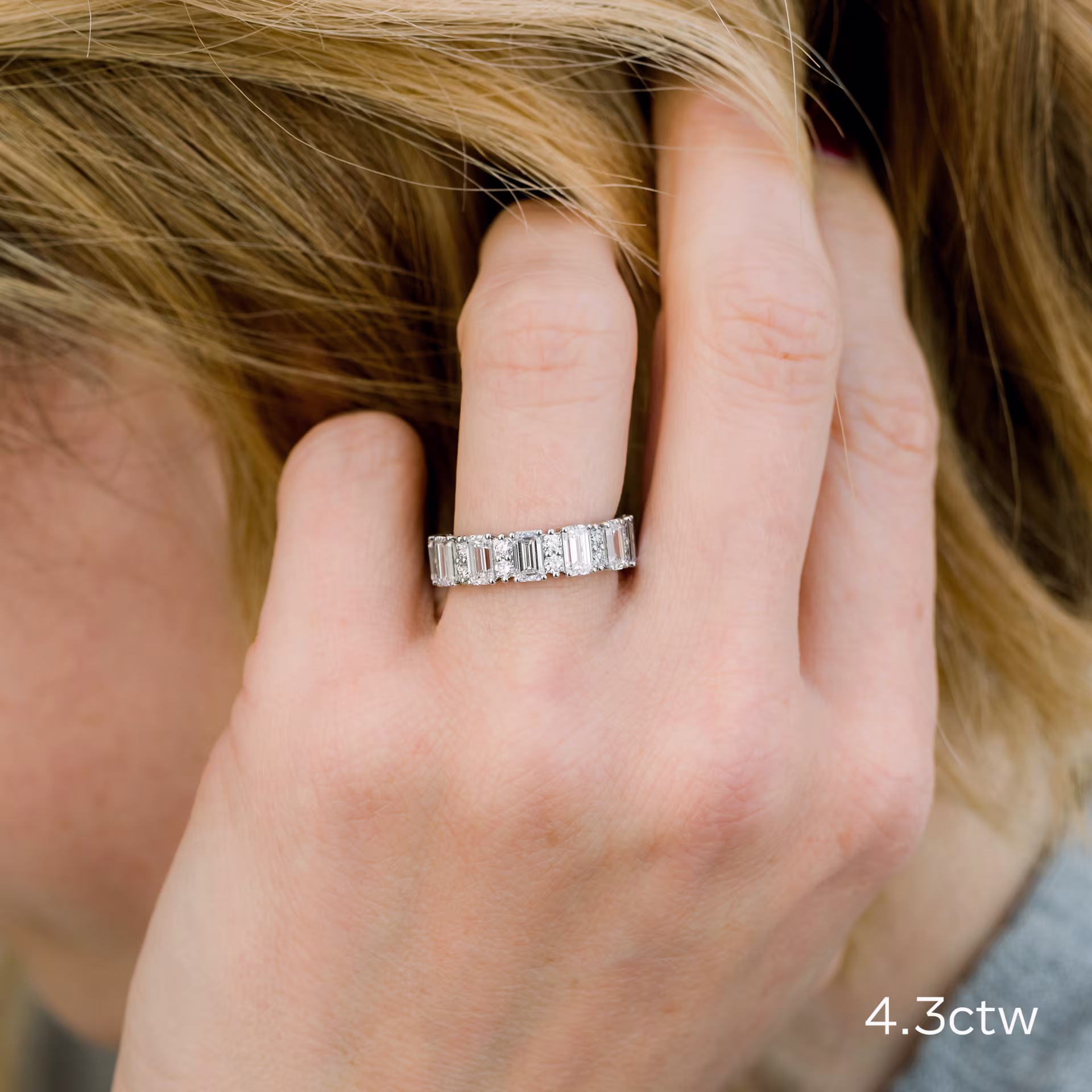 4.3 Carat Man Made Diamonds set in Platinum Emerald and Round Eternity Band (Main View)