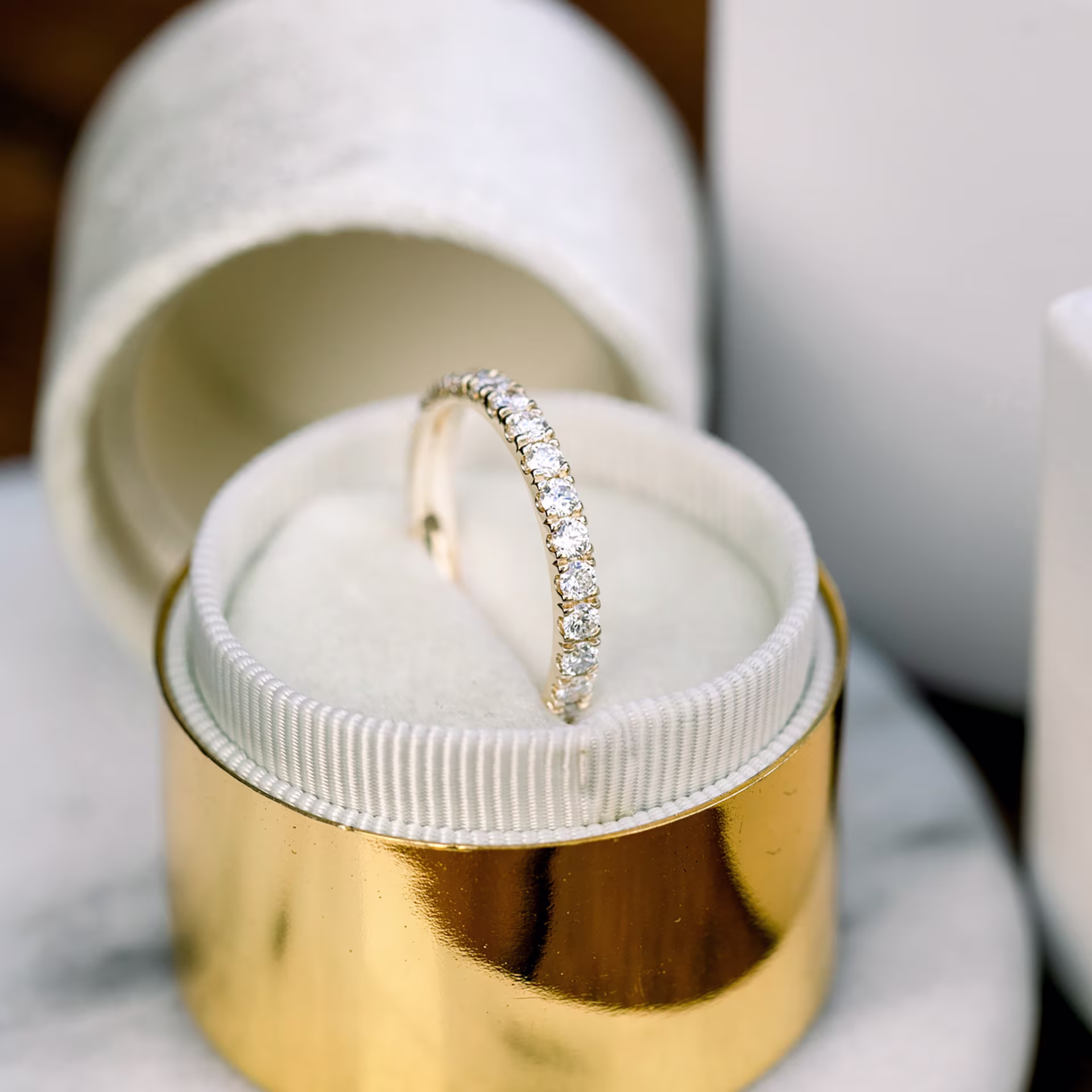 Hand Selected 0.75 ct Round Brilliant Diamonds set in 14k Yellow Gold U Pavé Three Quarter Band (Side View)