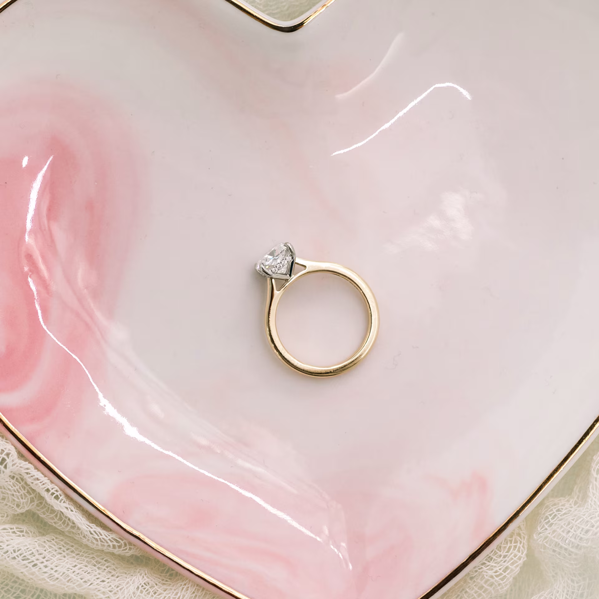 Platinum & Yellow Gold Cushion Cathedral Solitaire Diamond Engagement Ring featuring Exceptional Quality 2.0 ct Diamonds (Profile View)