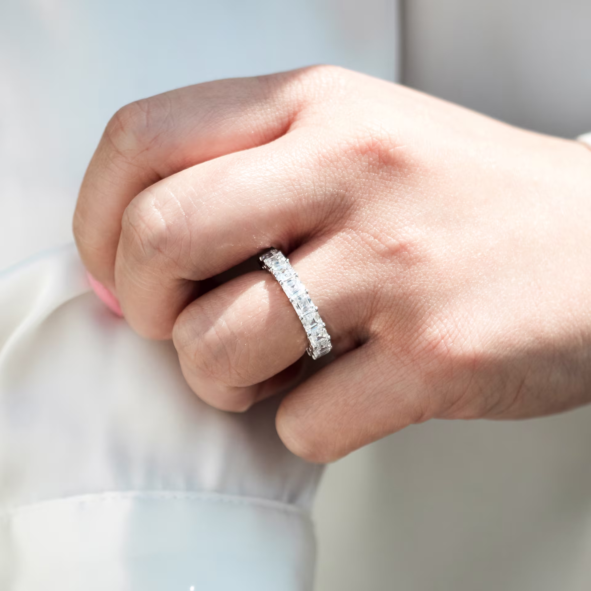 asscher lab diamond wedding band white gold