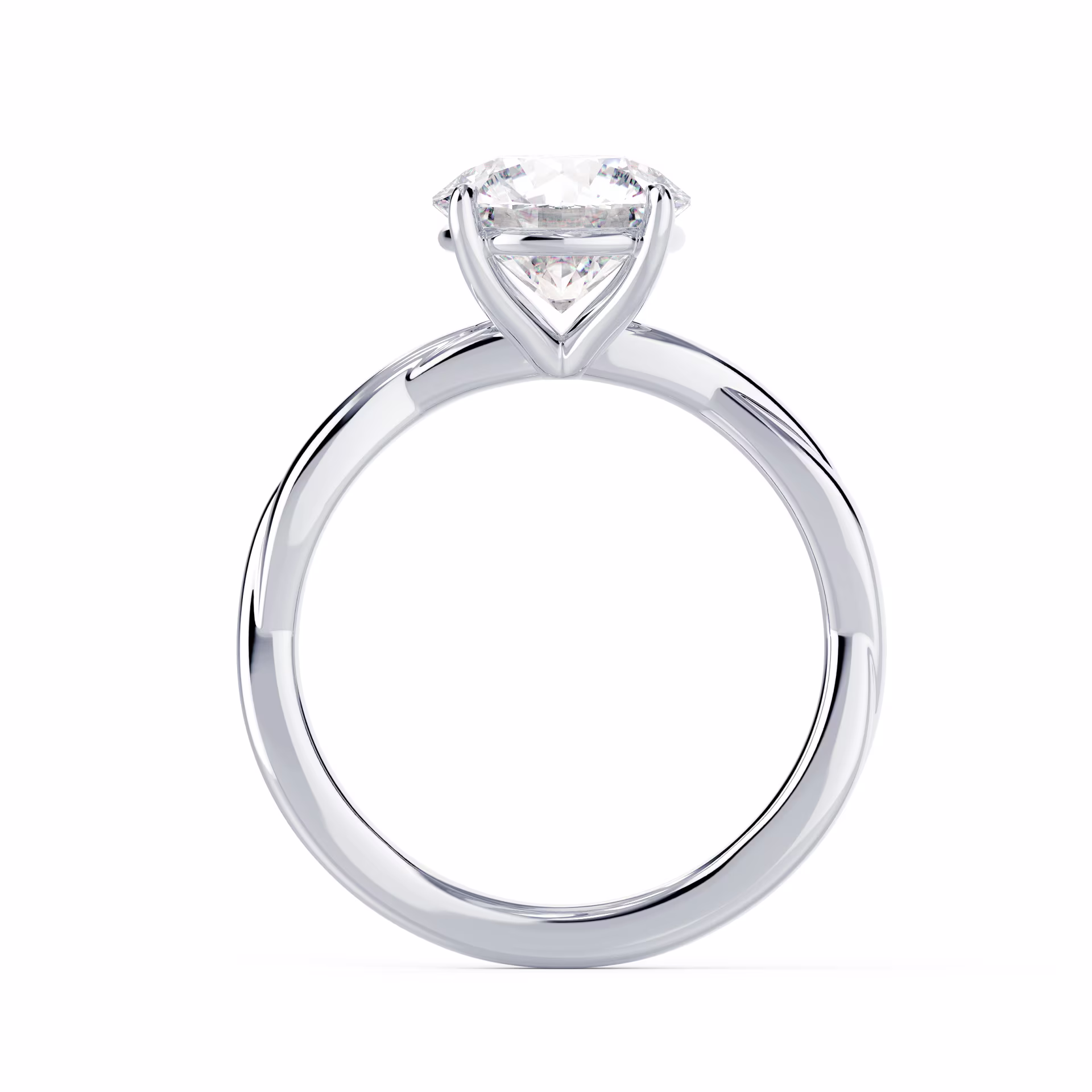 Diamonds set in White Gold Twisting Band Solitaire (Profile View)