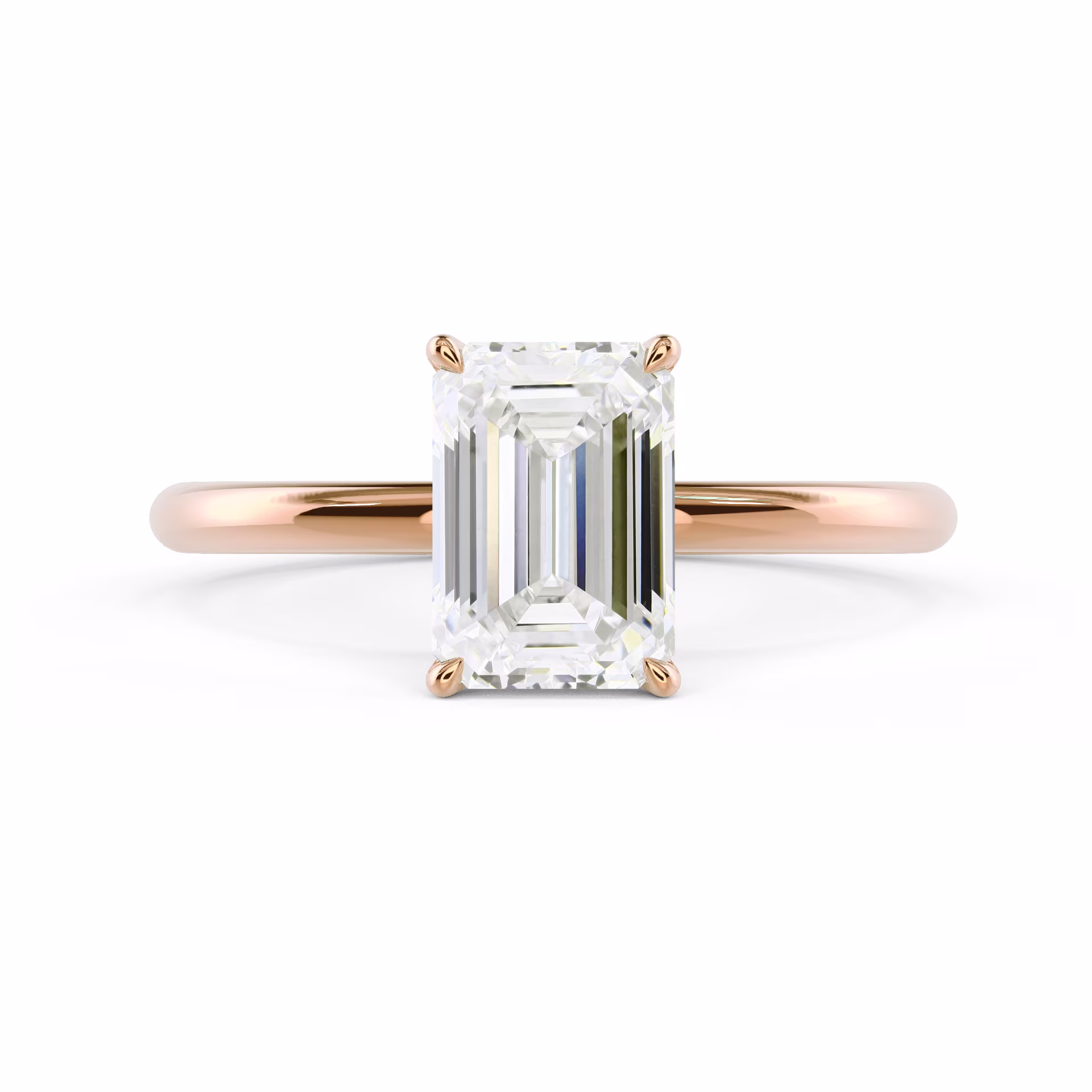 Exceptional Quality Lab Created Diamonds set in Rose Gold Emerald Petite Four Prong Solitaire (Main View)