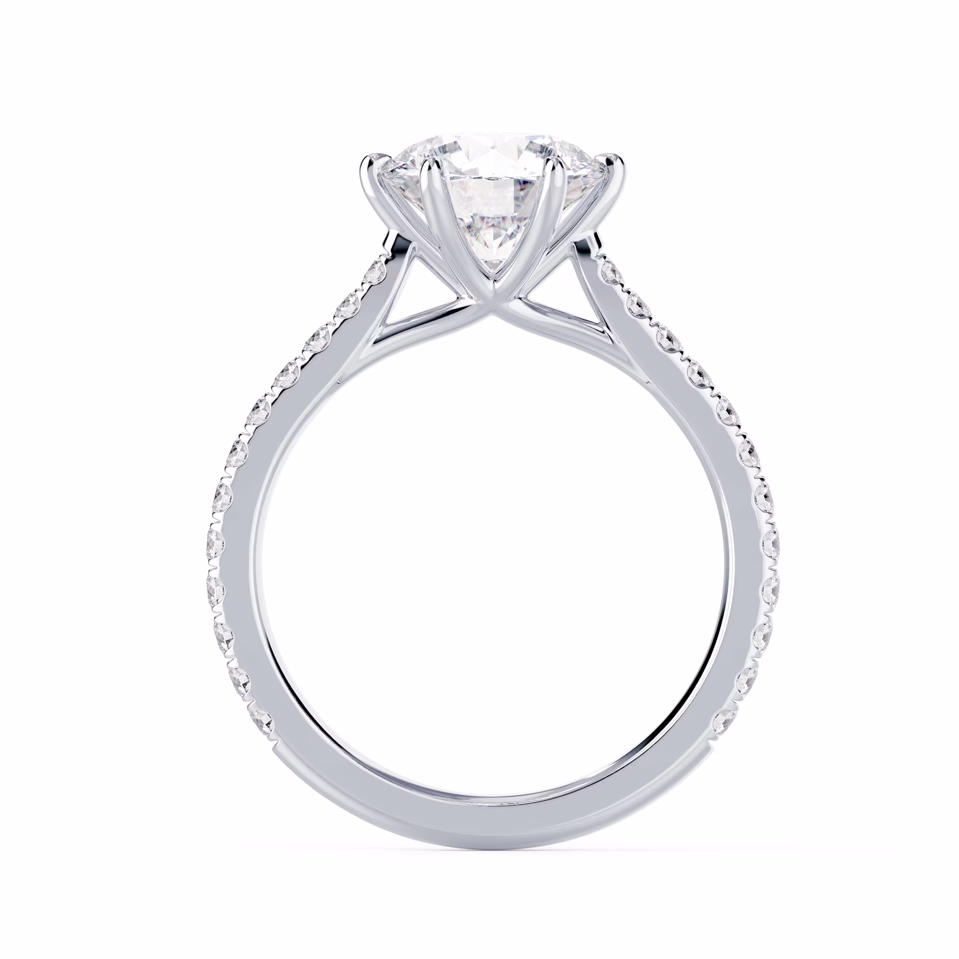 White Gold Round Trellis Six Prong Pavé Setting featuring Lab Diamonds (Profile View)