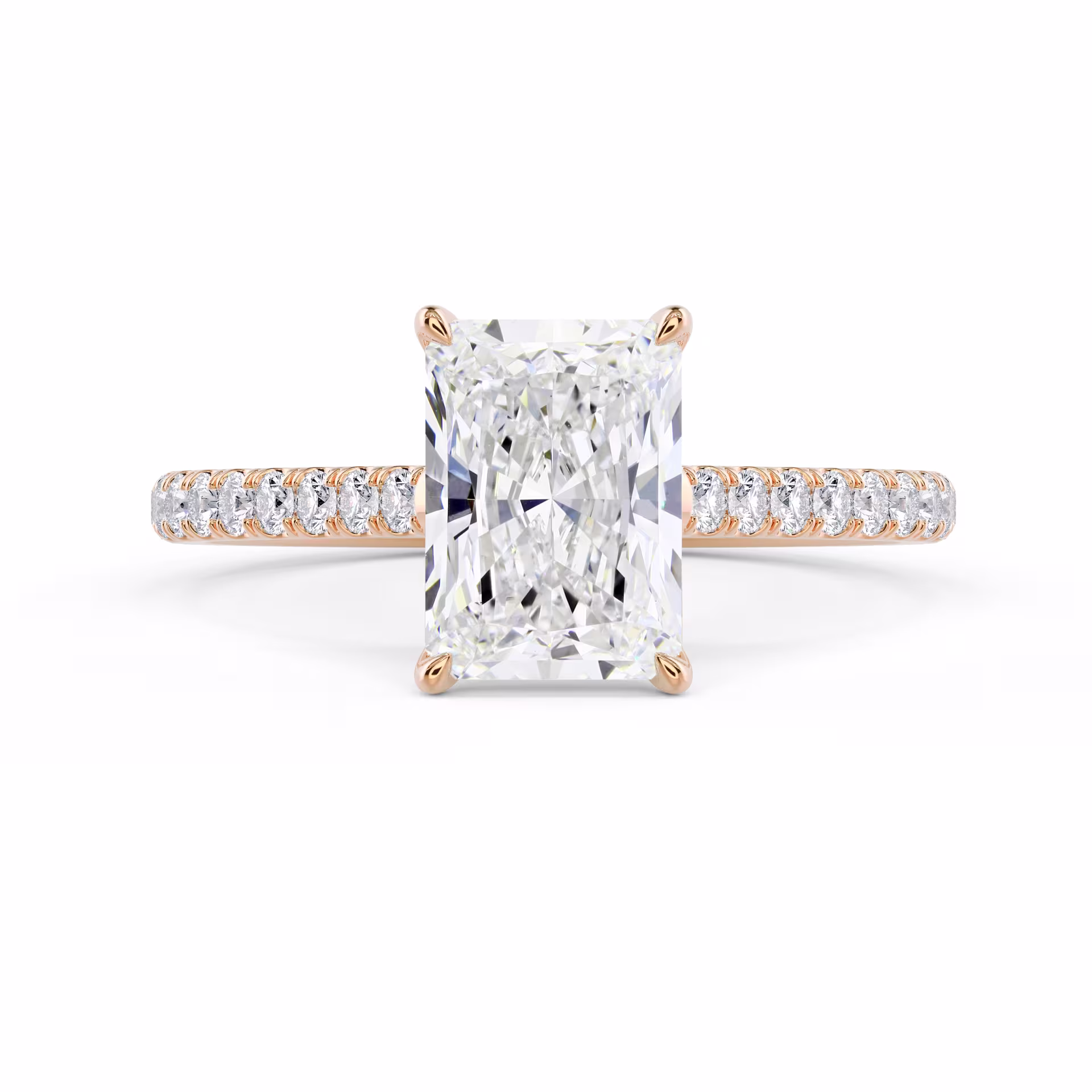Synthetic Diamonds Radiant Cathedral Pavé Setting in Rose Gold (Main View)