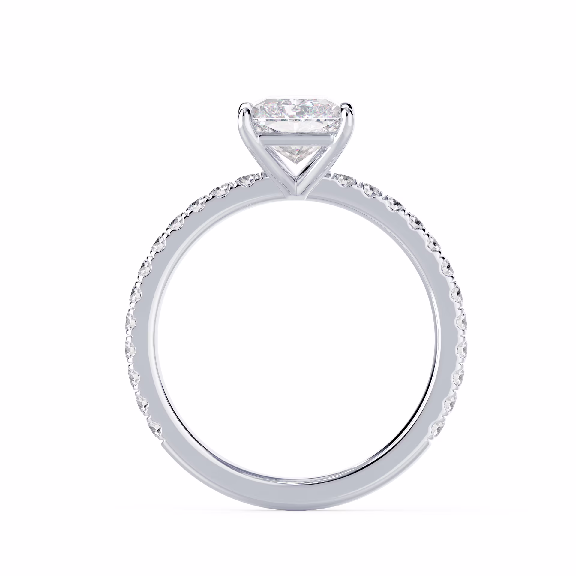 White Gold Radiant Petite Four Prong Pavé Setting featuring Diamonds (Profile View)