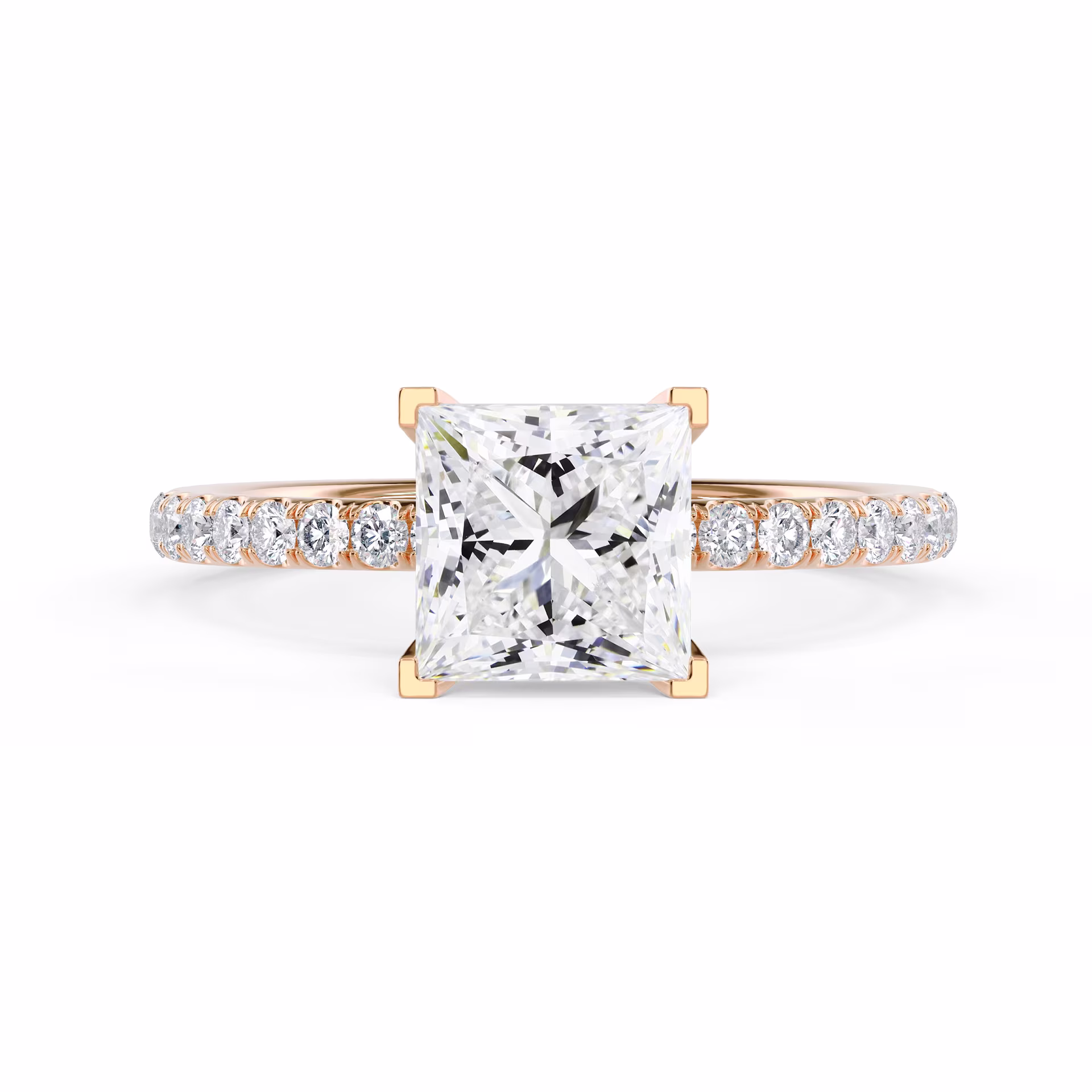 Exceptional Quality Diamonds set in Rose Gold Princess Petite Four Prong Pavé Setting (Main View)