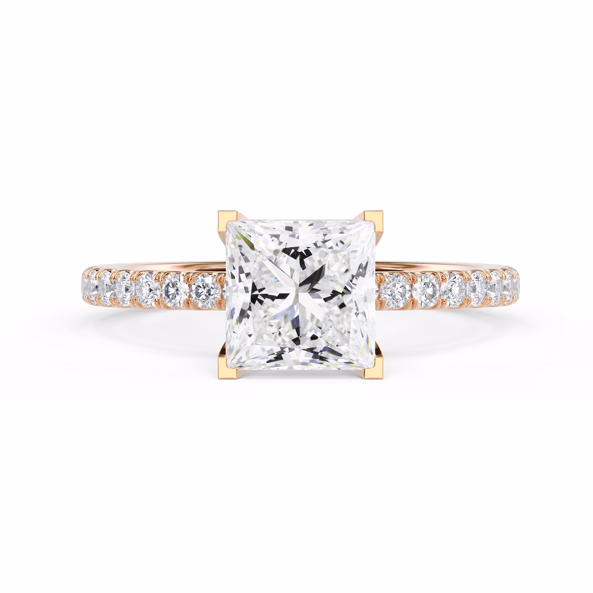 Rose Gold Princess Classic Four Prong Pavé Diamond Engagement Ring featuring Lab Diamonds (Main View)