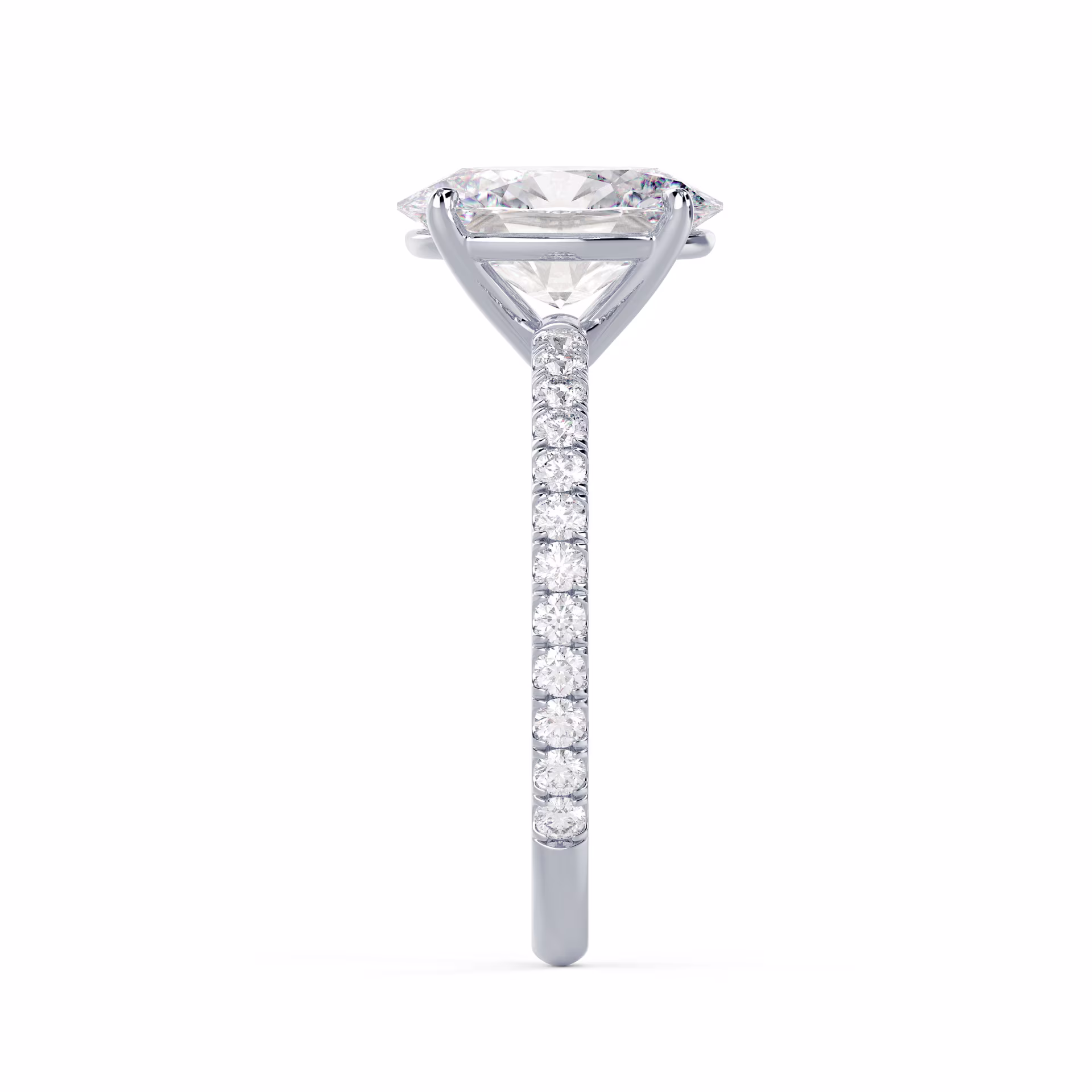 White Gold Oval Petite Four Prong Pavé Setting featuring Lab Diamonds (Side View)