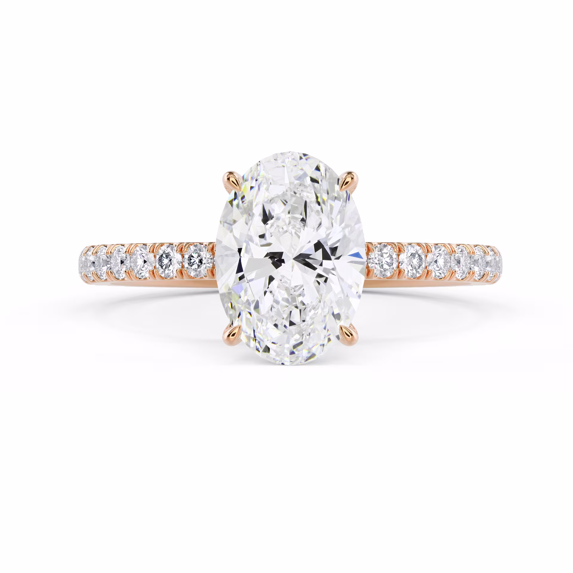 Diamonds set in Rose Gold Oval Petite Four Prong Pavé Diamond Engagement Ring (Main View)
