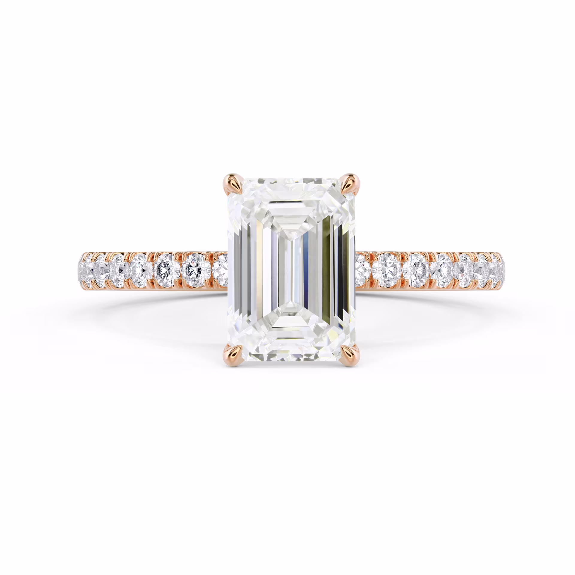Rose Gold Emerald Classic Four Prong Pavé Diamond Engagement Ring featuring Hand Selected Lab Diamonds (Main View)