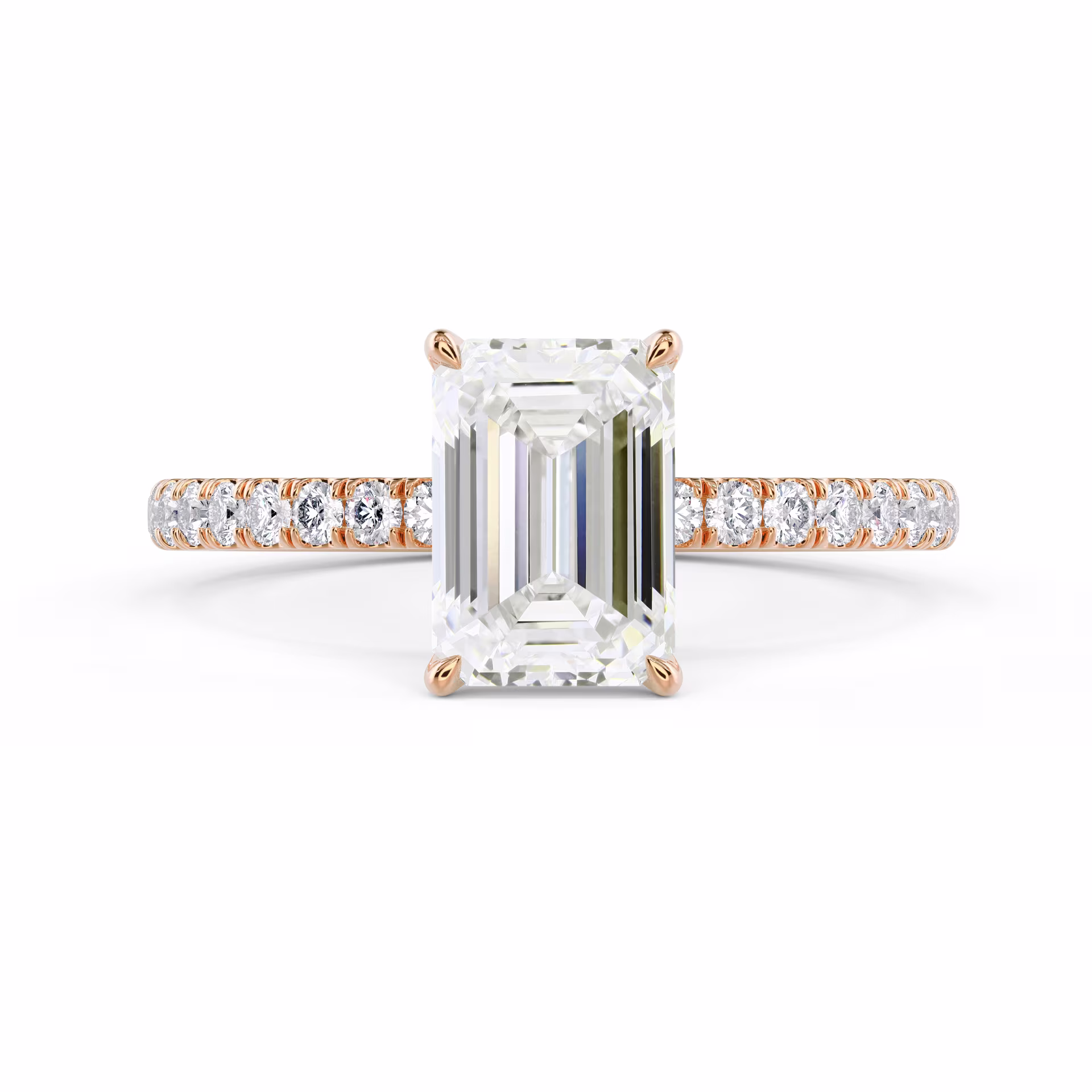 High Quality Diamonds Emerald Petite Four Prong Pavé Setting in Rose Gold (Main View)