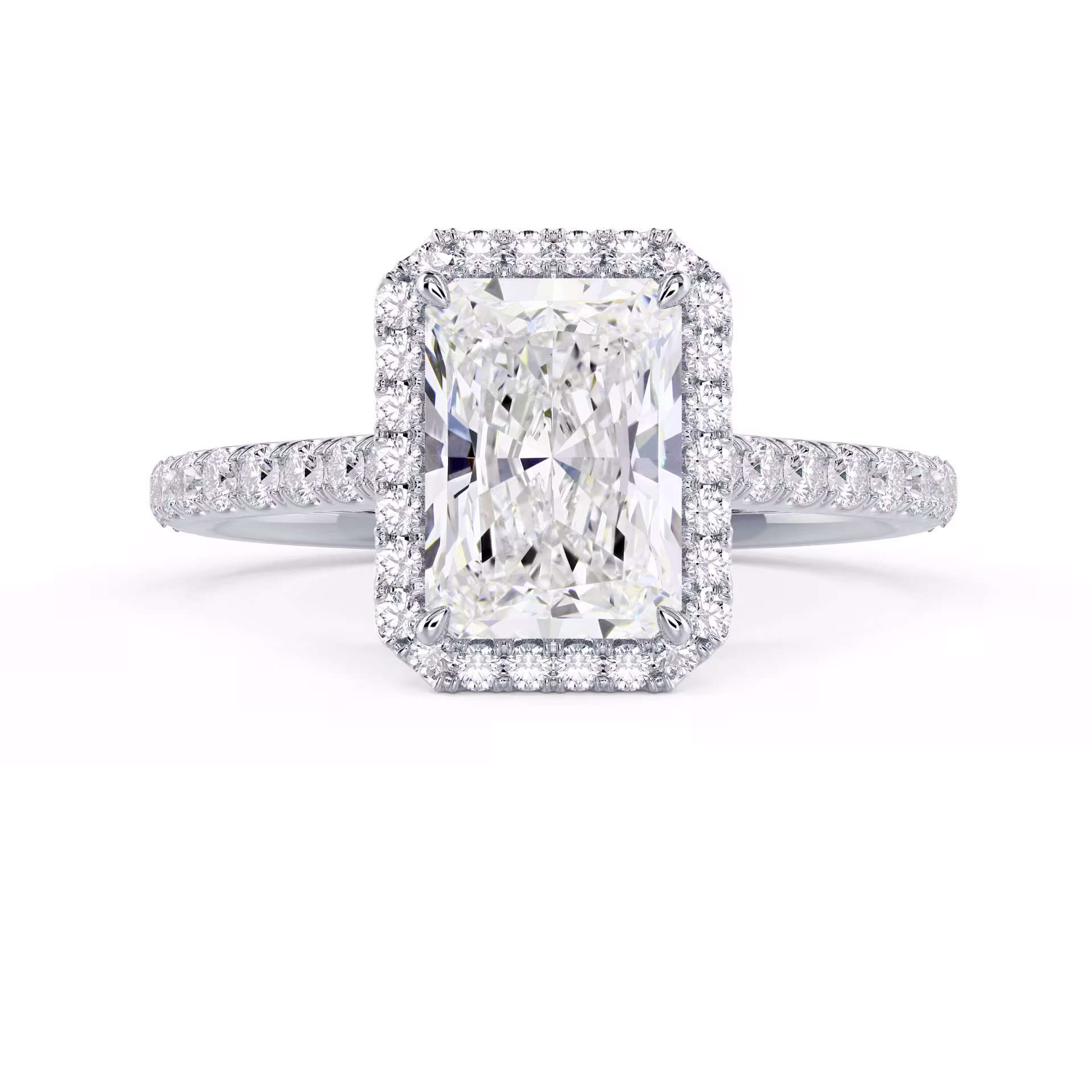 18k White Gold Radiant Halo Pavé Diamond Engagement Ring featuring 2.0 Carat Diamonds (Main View)