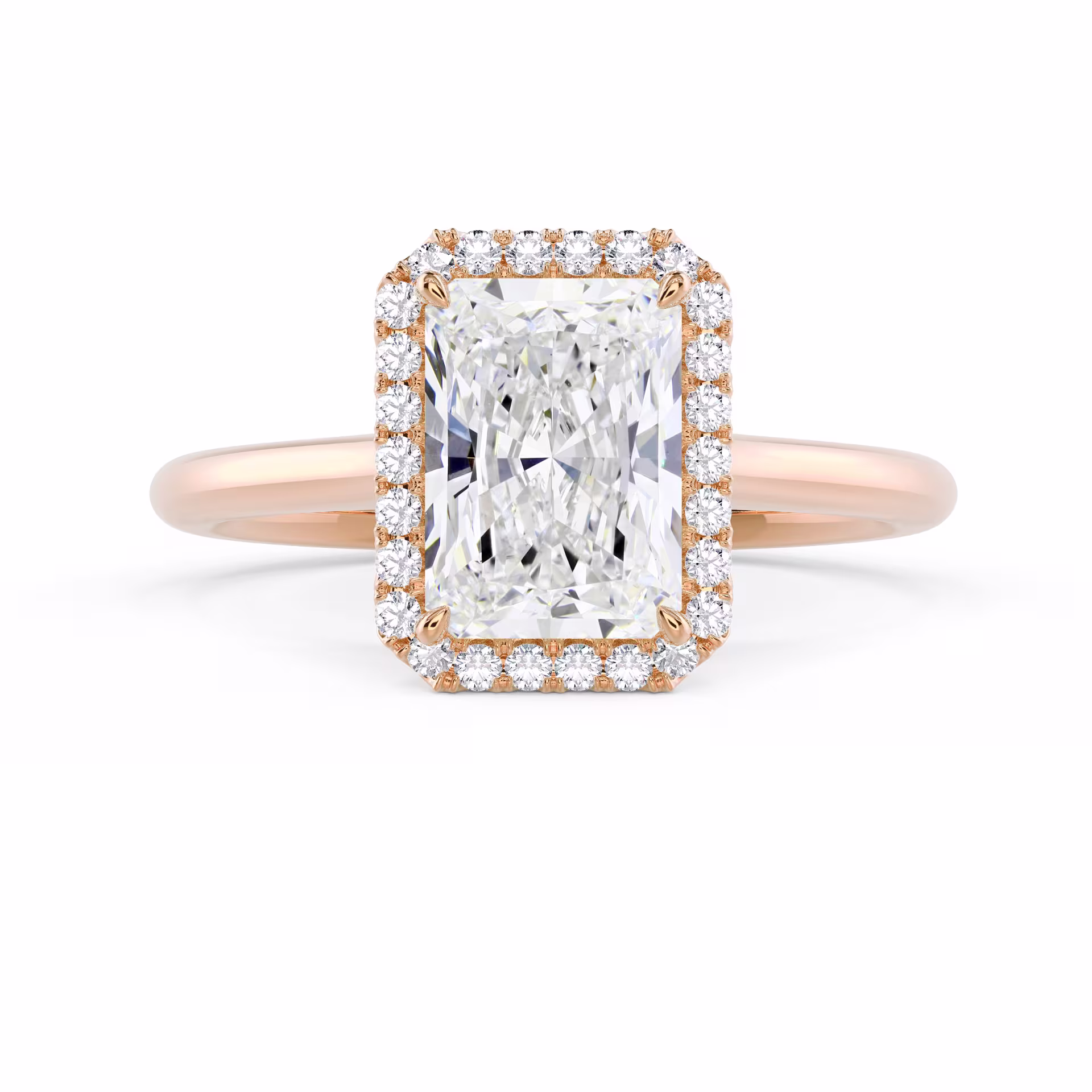 Diamonds set in Rose Gold Radiant Single Halo Setting (Main View)