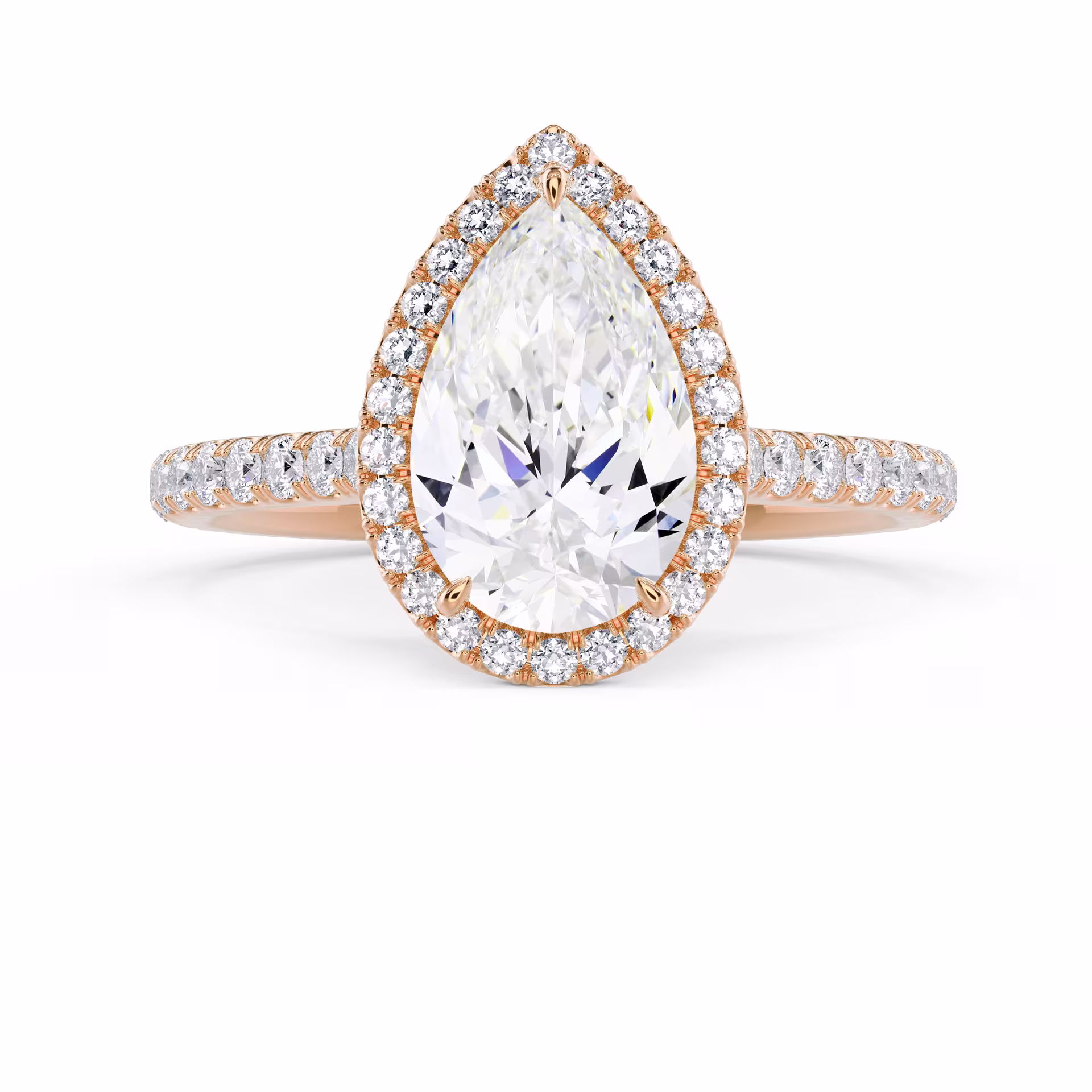 Exceptional Quality Lab Diamonds Pear Halo Pavé Setting in Rose Gold (Main View)
