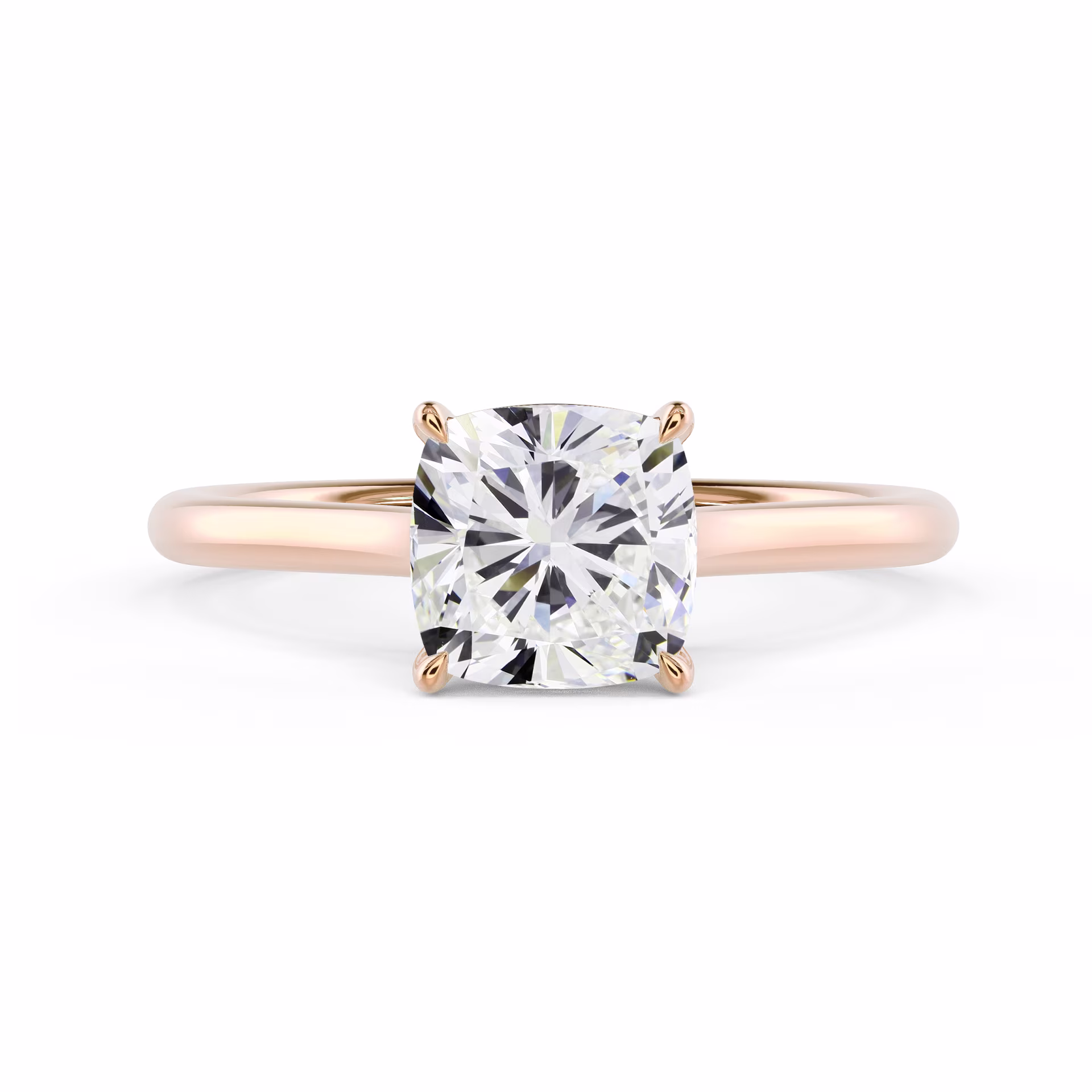 Rose Gold Cushion Trellis Solitaire Diamond Engagement Ring featuring Man Made Diamonds (Main View)