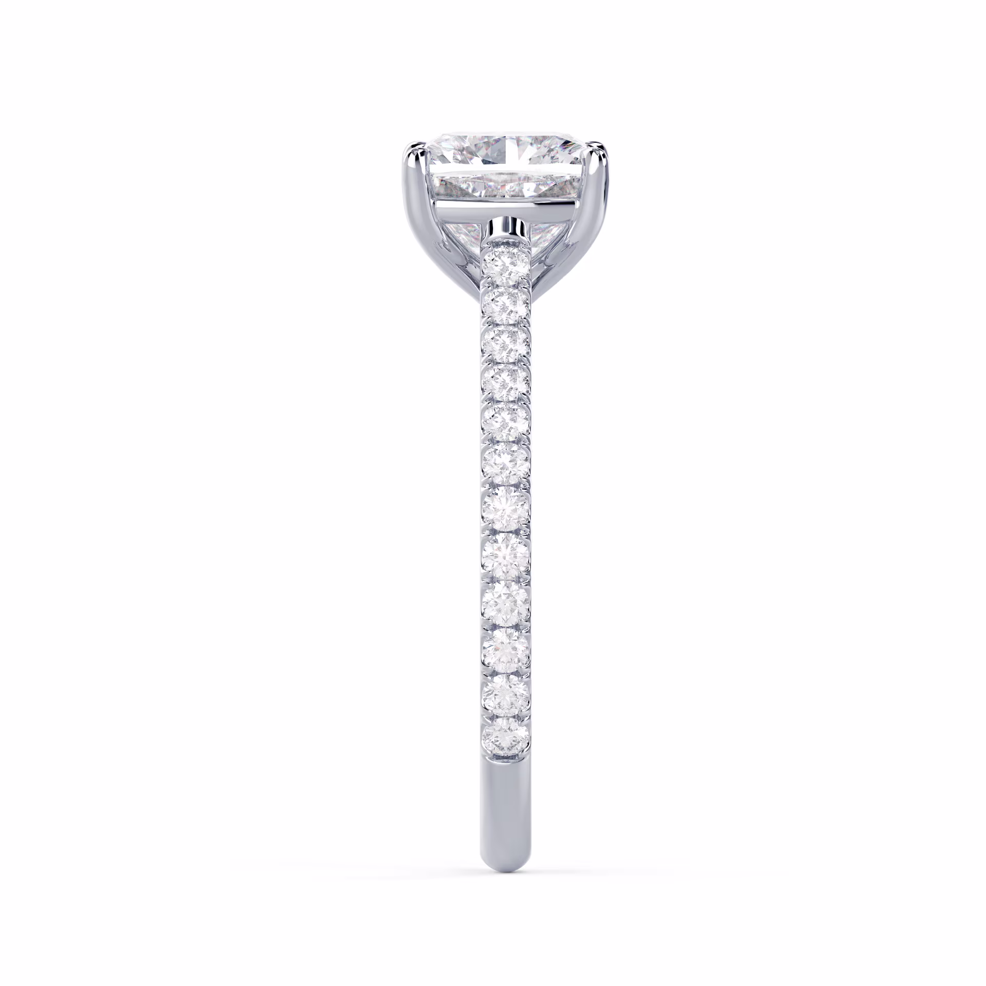 Hand Selected Man Made Diamonds Cushion Cathedral Pavé Setting in White Gold (Side View)