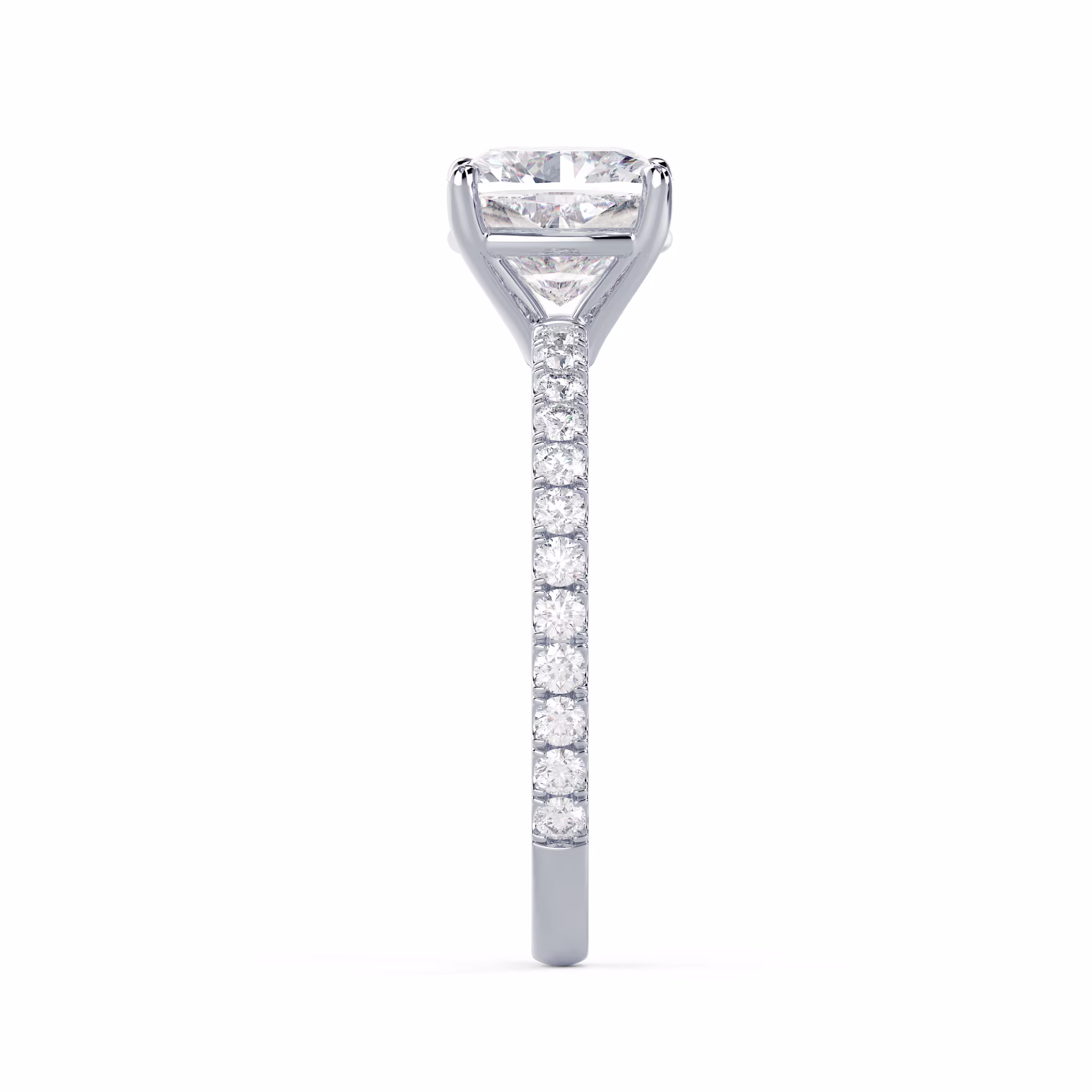 Diamonds set in White Gold Cushion Petite Four Prong Pavé Setting (Side View)