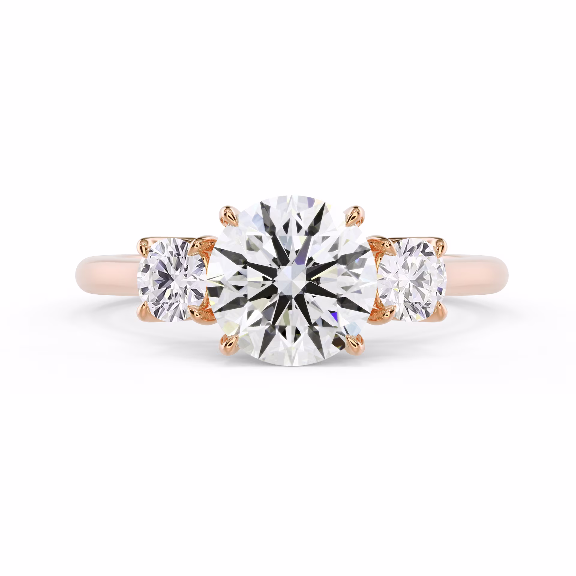 High Quality Created Diamonds Round Three Stone Diamond Engagement Ring in Rose Gold (Main View)