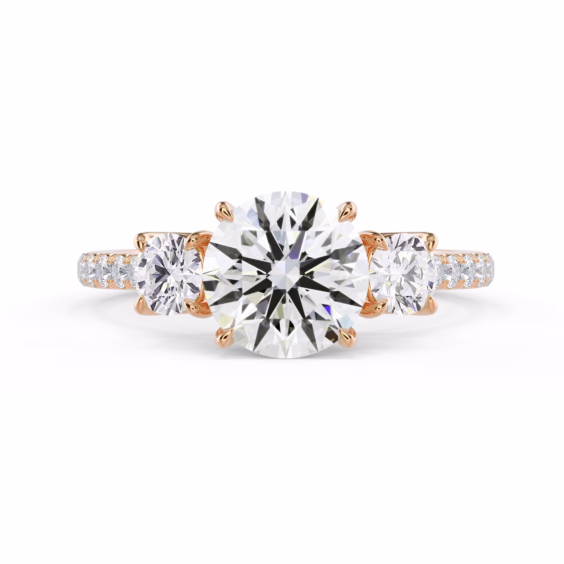 Created Diamonds set in Rose Gold Round Three Stone Pavé Setting (Main View)