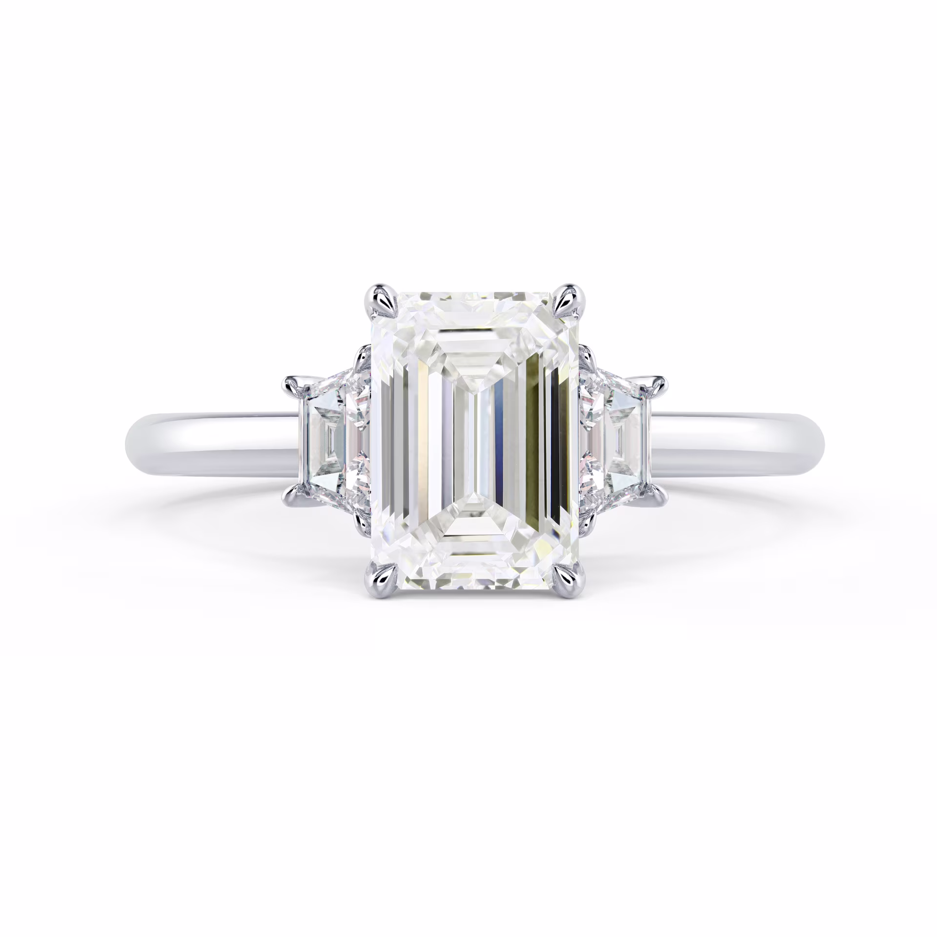 White Gold Emerald and Trapezoid Diamond Engagement Ring featuring Lab Created Diamonds (Main View)