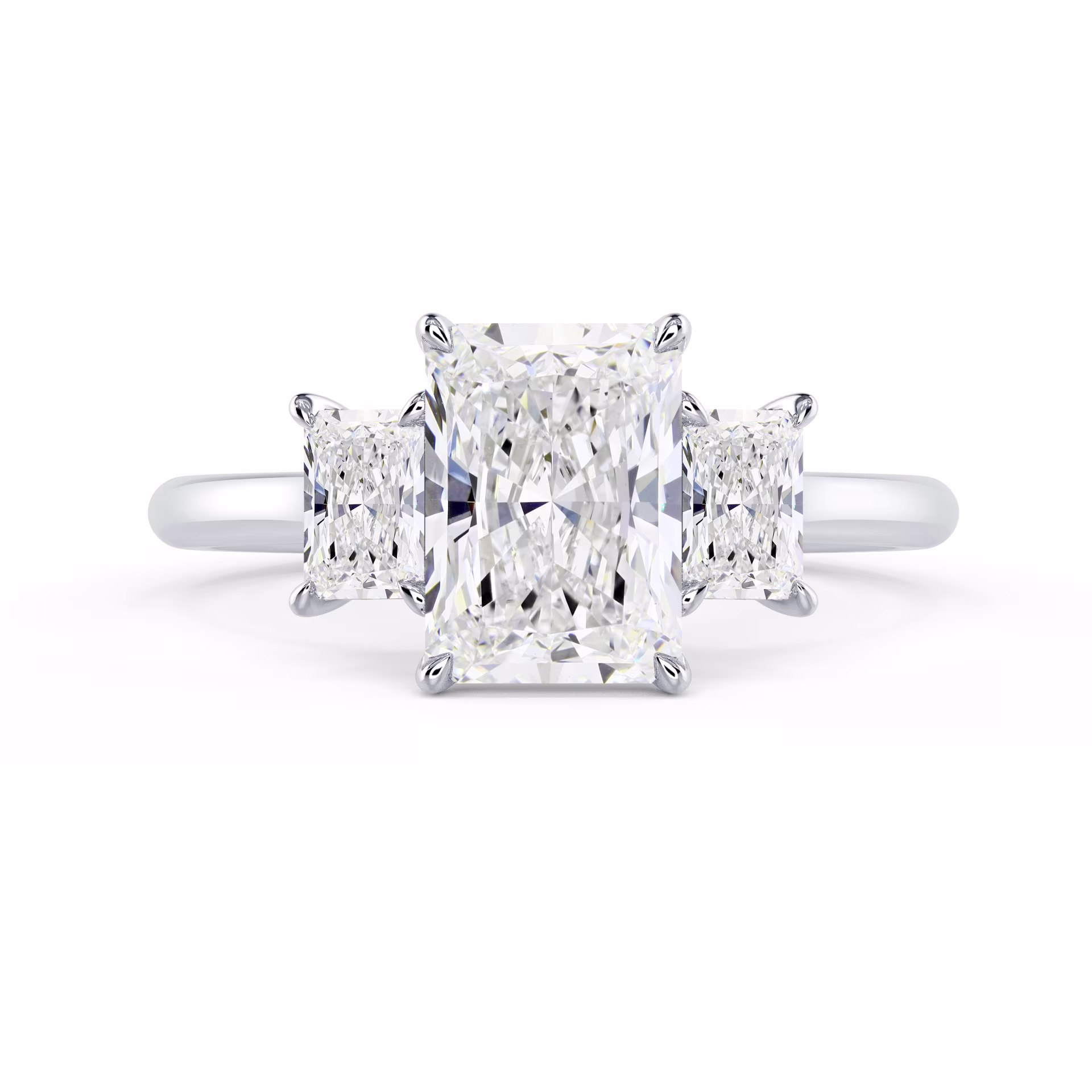 White Gold Radiant Three Stone Diamond Engagement Ring featuring High Quality Lab Diamonds (Main View)