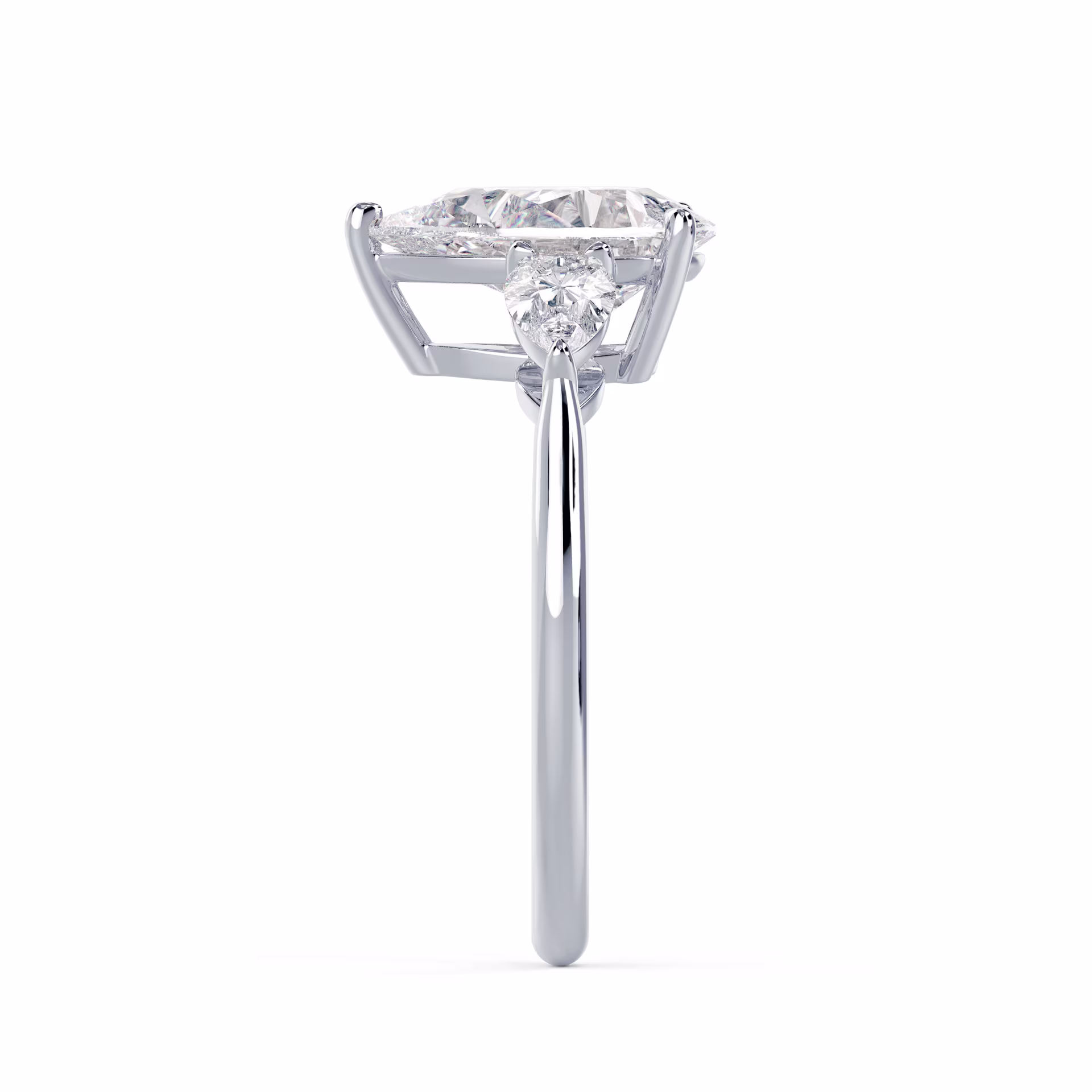 White Gold Pear Three Stone Diamond Engagement Ring featuring Diamonds (Side View)