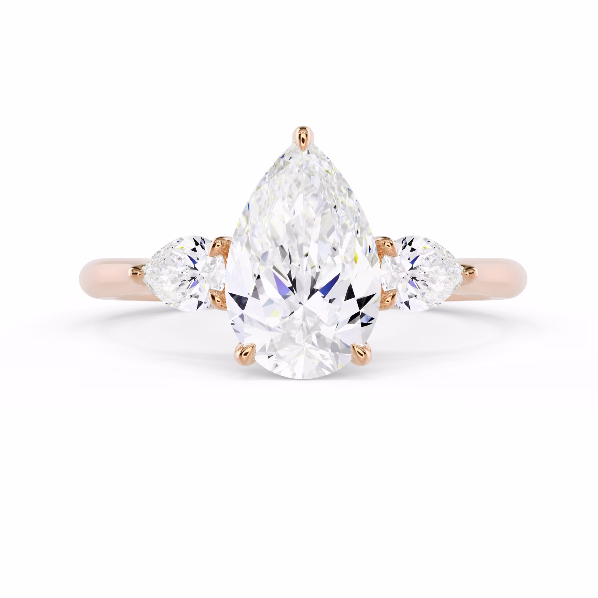 High Quality Lab Diamonds Pear Three Stone Diamond Engagement Ring in Rose Gold (Main View)