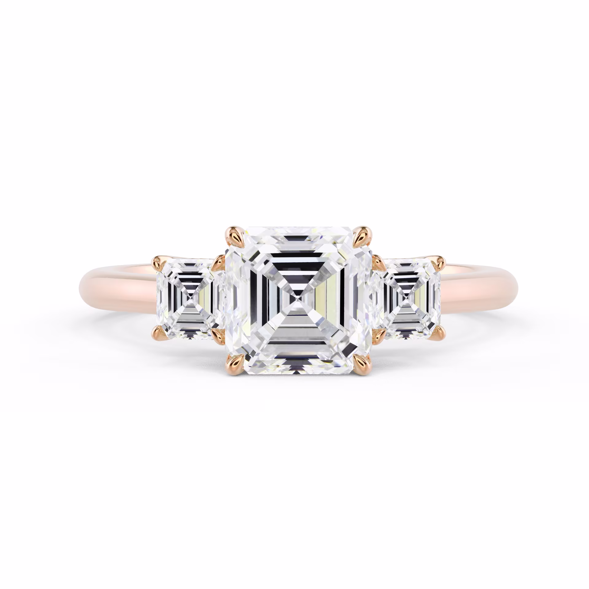 Created Diamonds Asscher Three Stone Diamond Engagement Ring in Rose Gold (Main View)