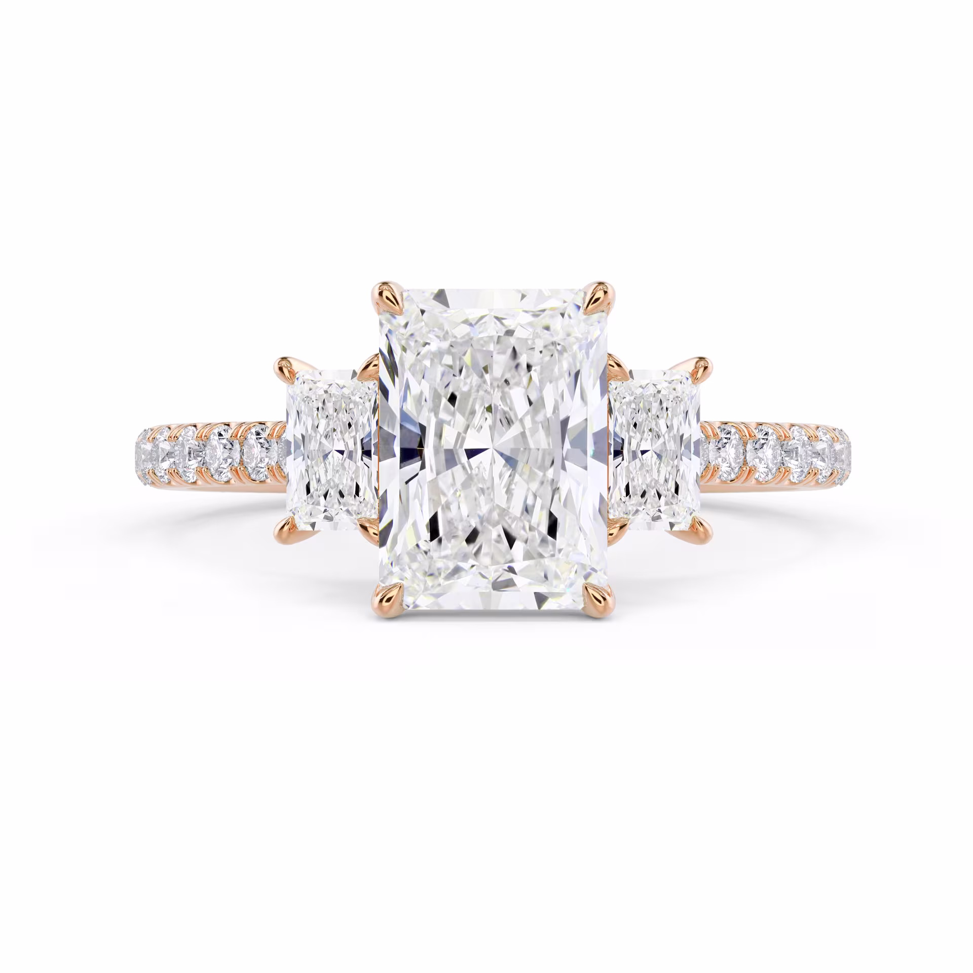 Exceptional Quality Created Diamonds set in Rose Gold Radiant Three Stone Pavé Setting (Main View)