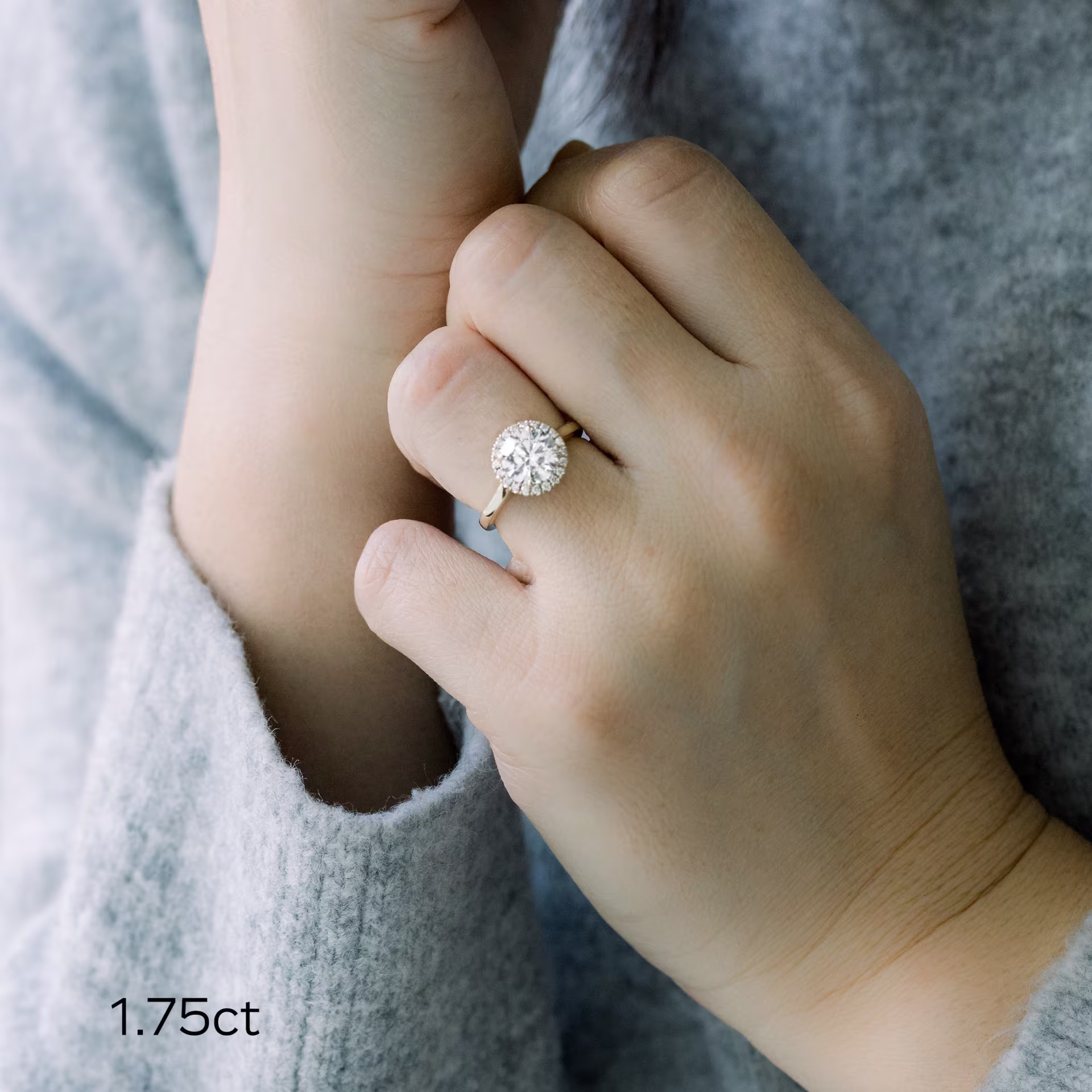 Yellow Gold Round Single Halo Diamond Engagement Ring featuring 1.75 Carat Man Made Diamonds (Main View)