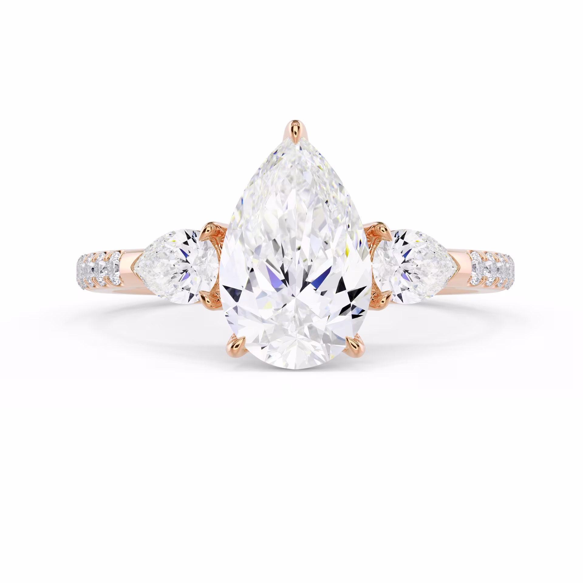 Rose Gold Pear Three Stone Pavé Setting featuring Lab Diamonds (Main View)