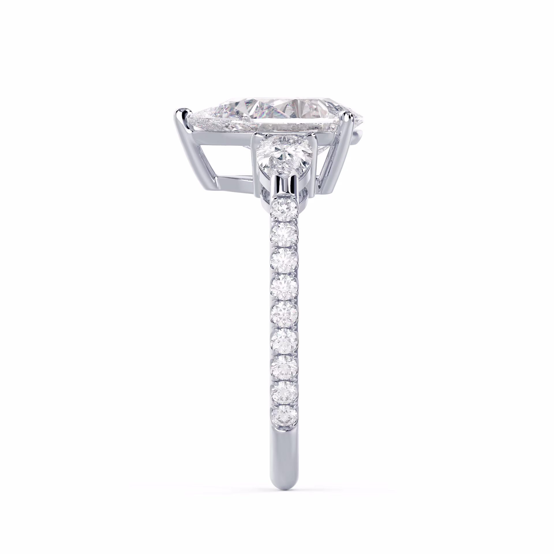 White Gold Pear Three Stone Pavé Diamond Engagement Ring featuring Lab Diamonds (Side View)