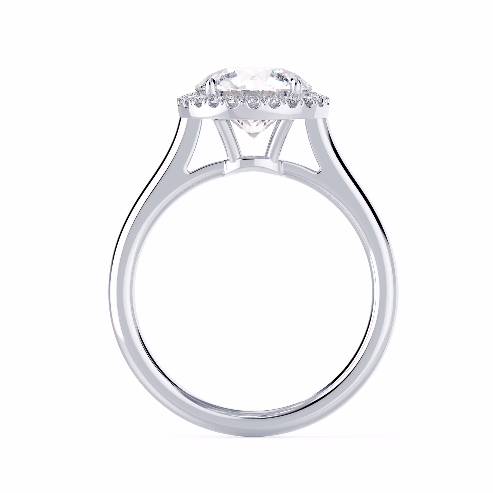 Diamonds set in White Gold Round Single Halo Setting (Profile View)
