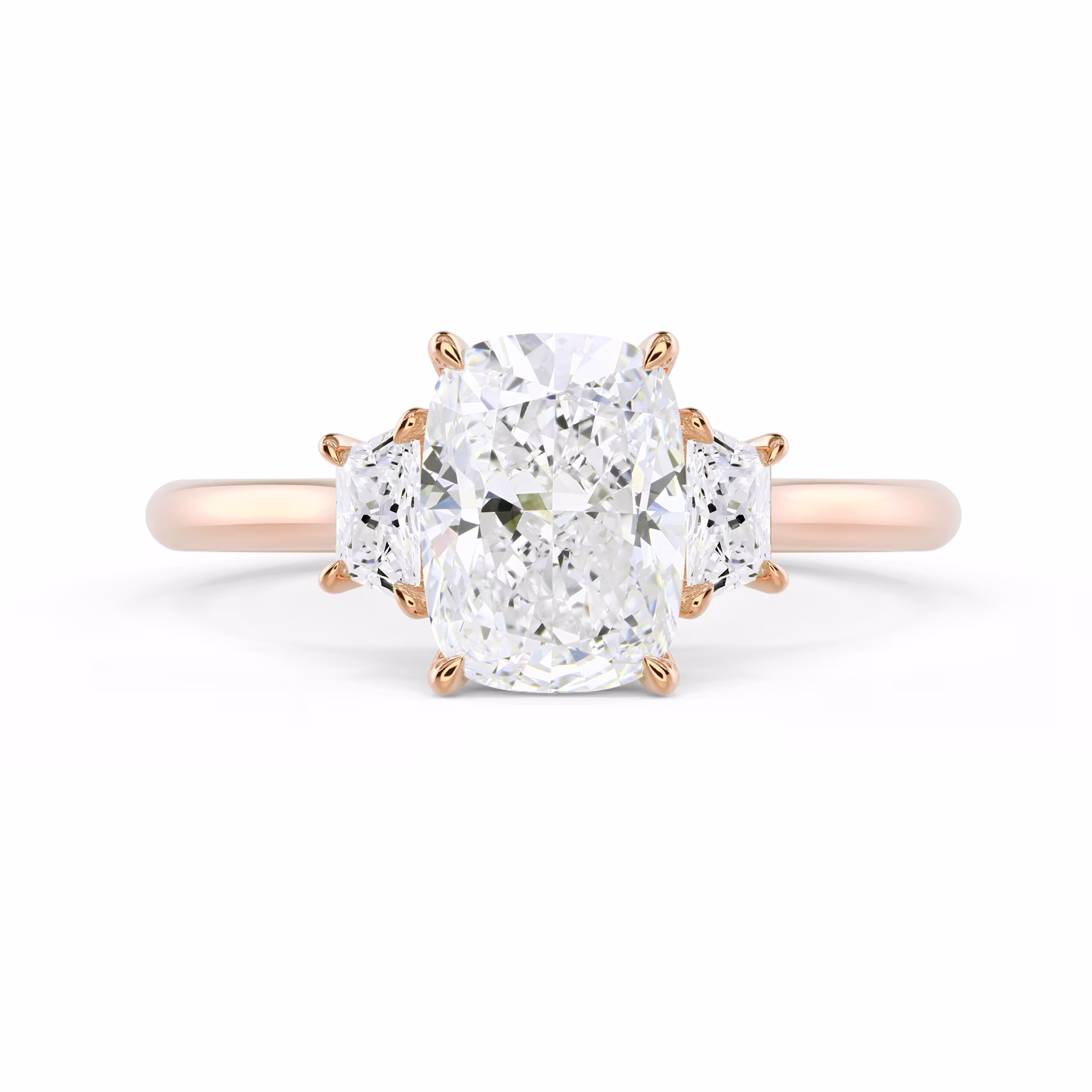 Hand Selected Lab Diamonds Cushion and Trapezoid Diamond Engagement Ring in Rose Gold (Main View)