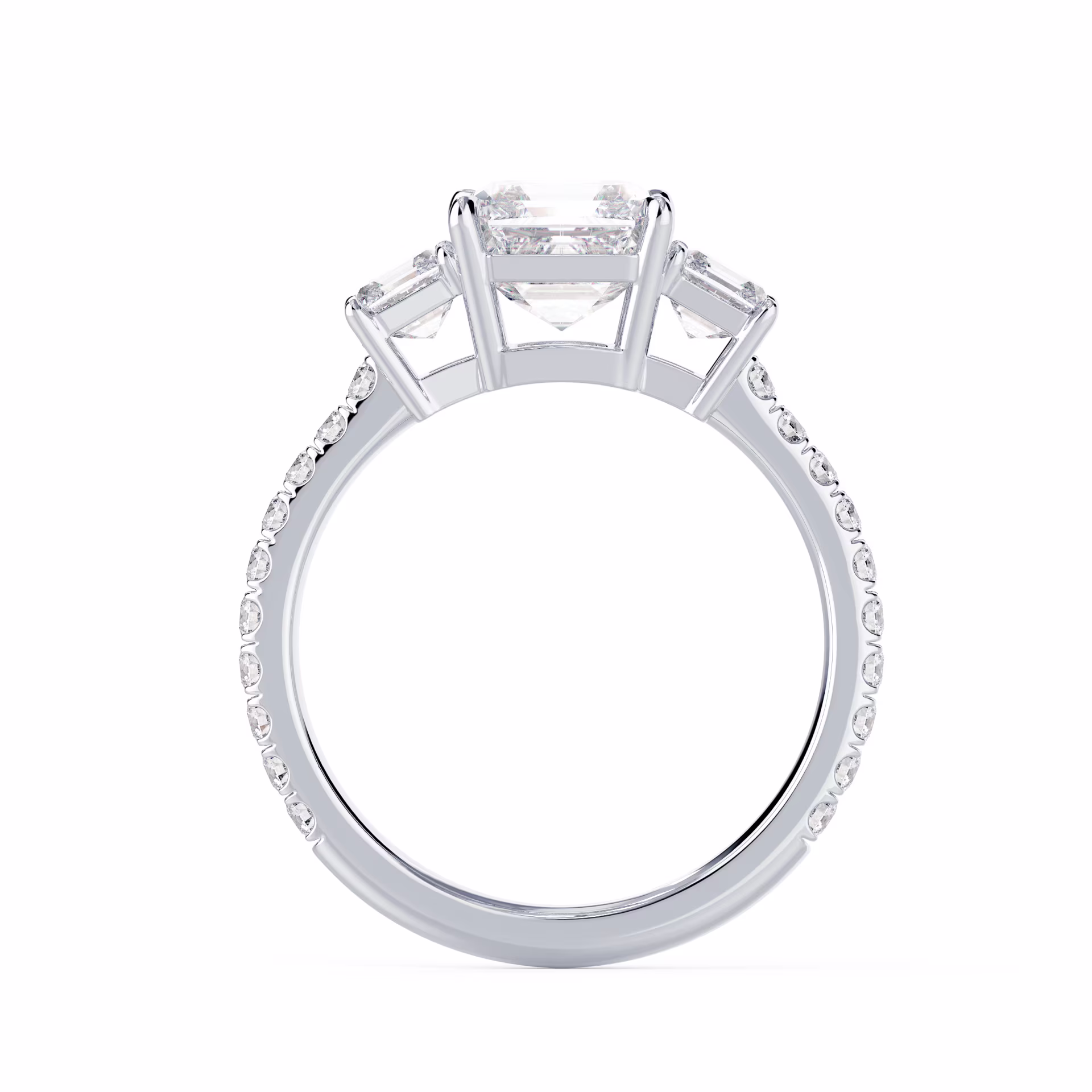 White Gold Asscher Three Stone Pavé Setting featuring Lab Diamonds (Profile View)